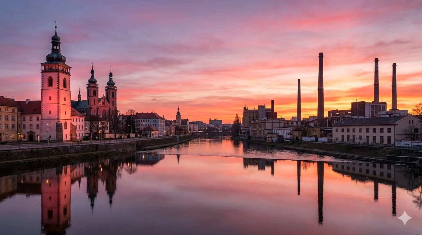 Закат над Градец-Кралове: розовые башни, река Быстршица и фабричные силуэты