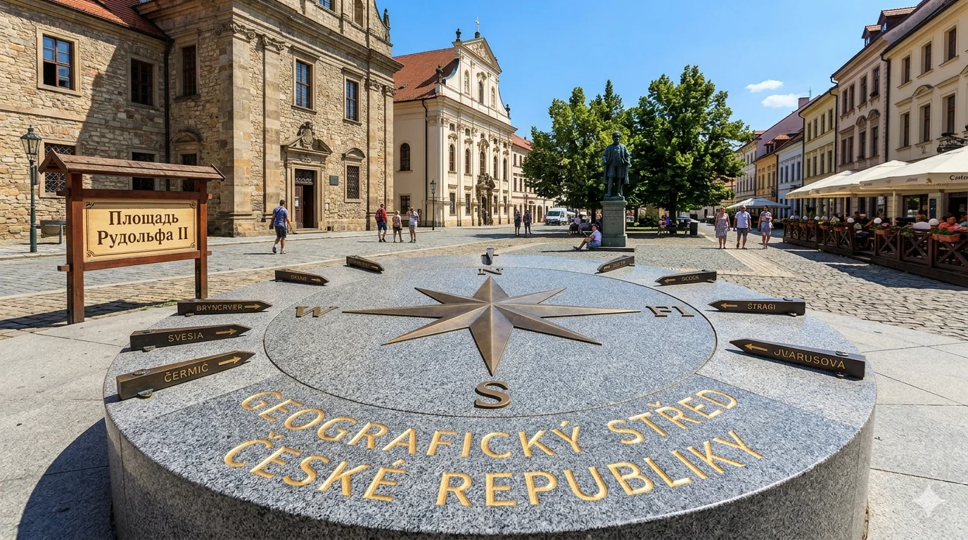 Площадь Рудольфа II с гранитным компасом Географического центра Чехии