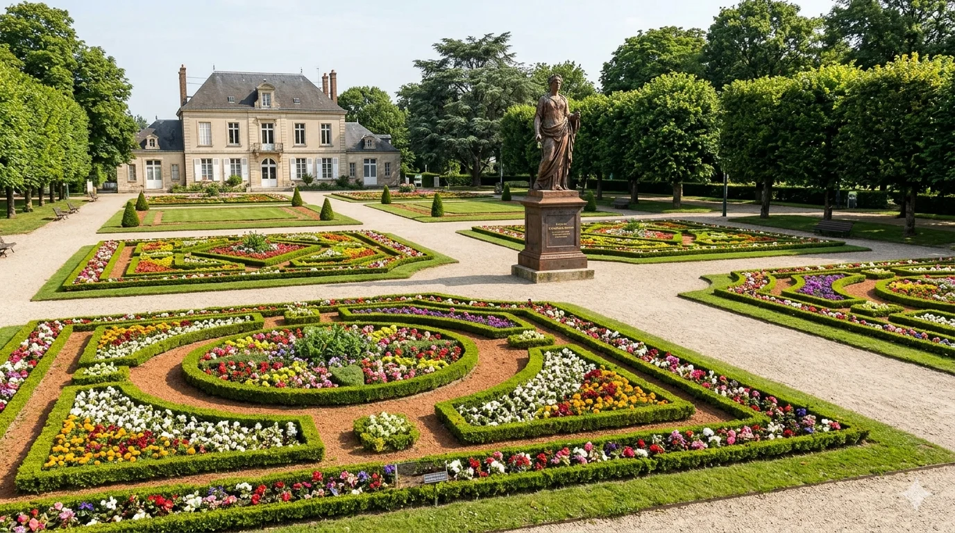 Центральный парк с чугунной статуей Монфермэ и геометрическими клумбами