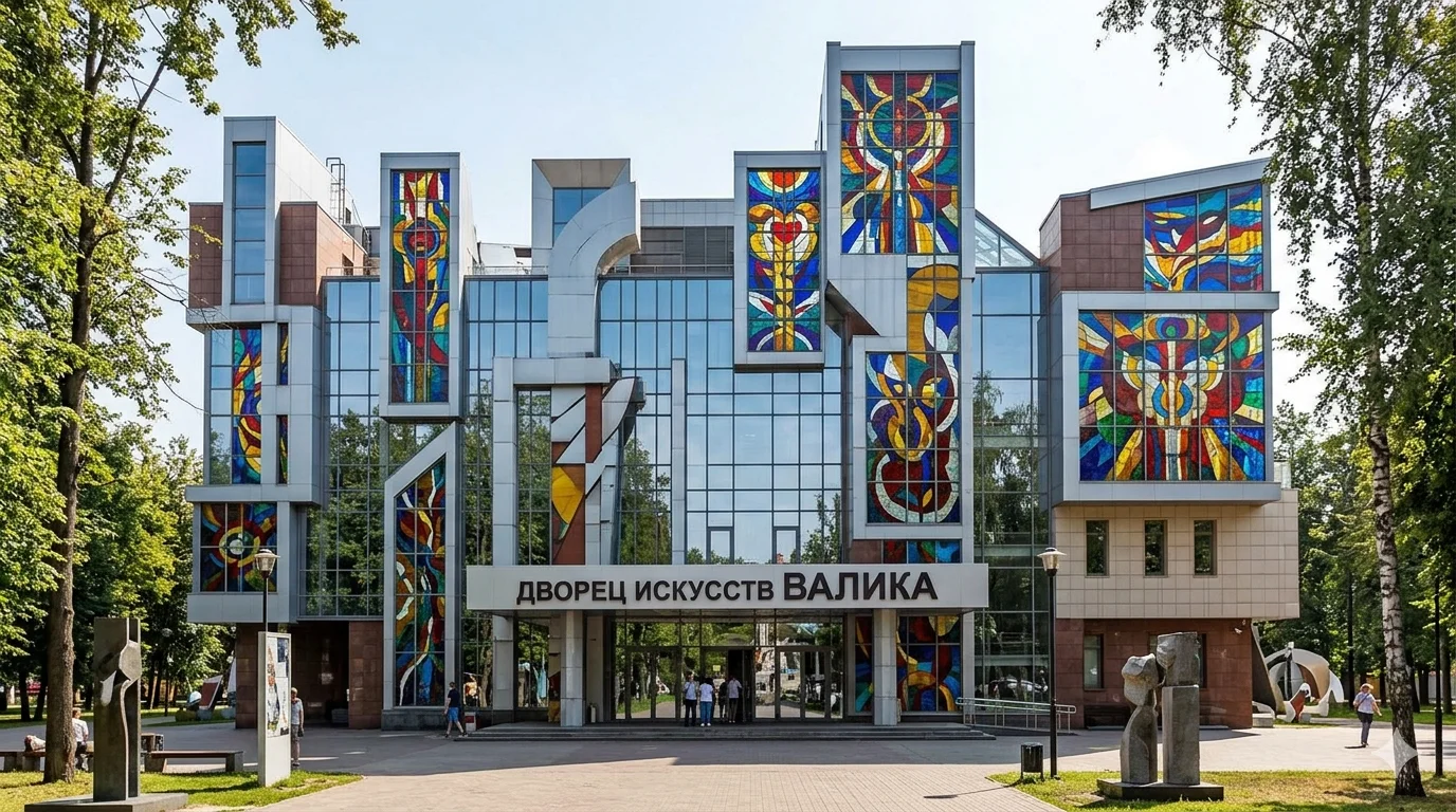 Дворец искусств Валика: постмодернистский фасад со стеклянными витражами