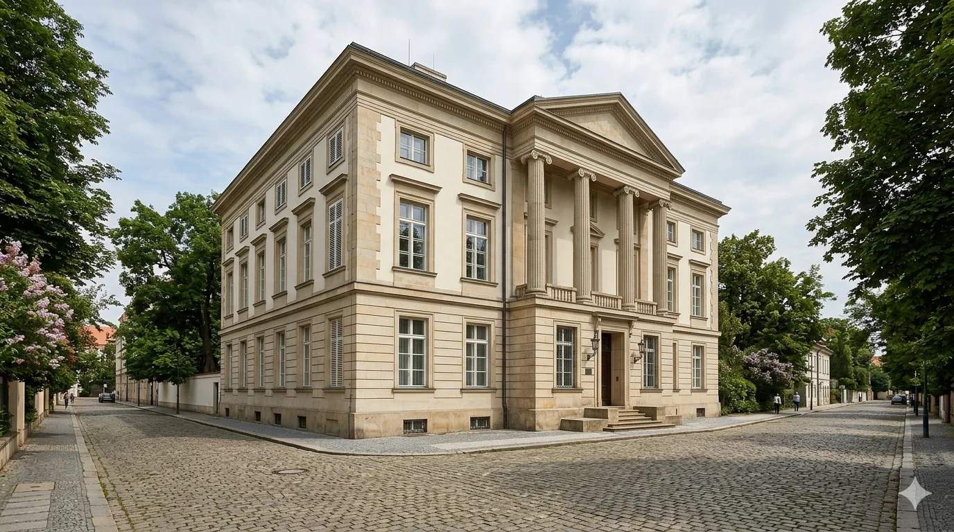 Дворец Бенеша: классический особняк с колоннами на тихой улице