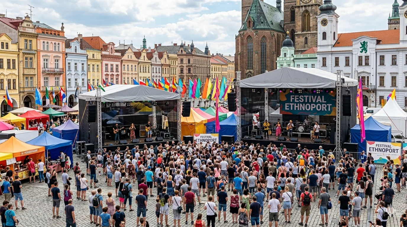 Фестиваль Ethnoport: сцены и флаги на барочной площади Градец-Кралове