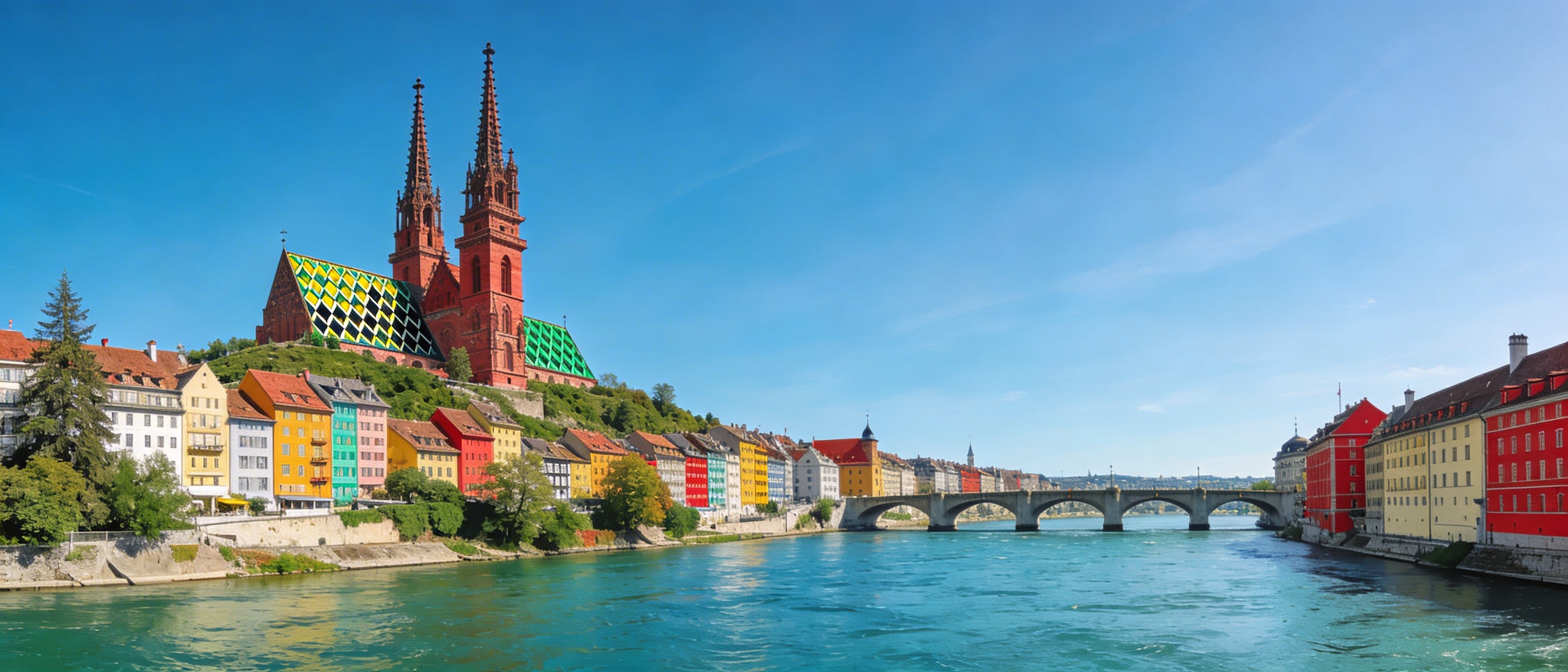 Панорама Базеля: Мюнстер с готическими шпилями, Рейн и Средний мост