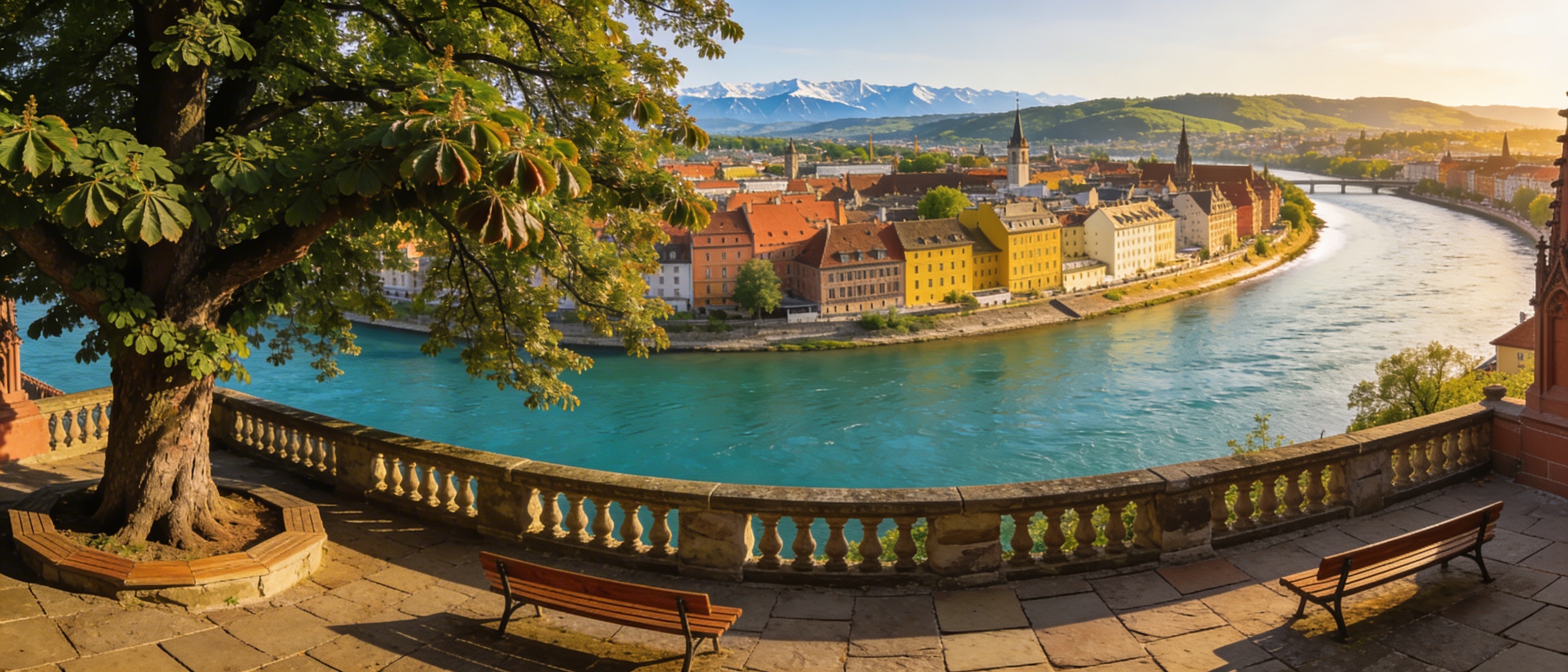 Терраса Пфальц: панорама Рейна, Кляйнбазеля и Шварцвальда с высоты собора