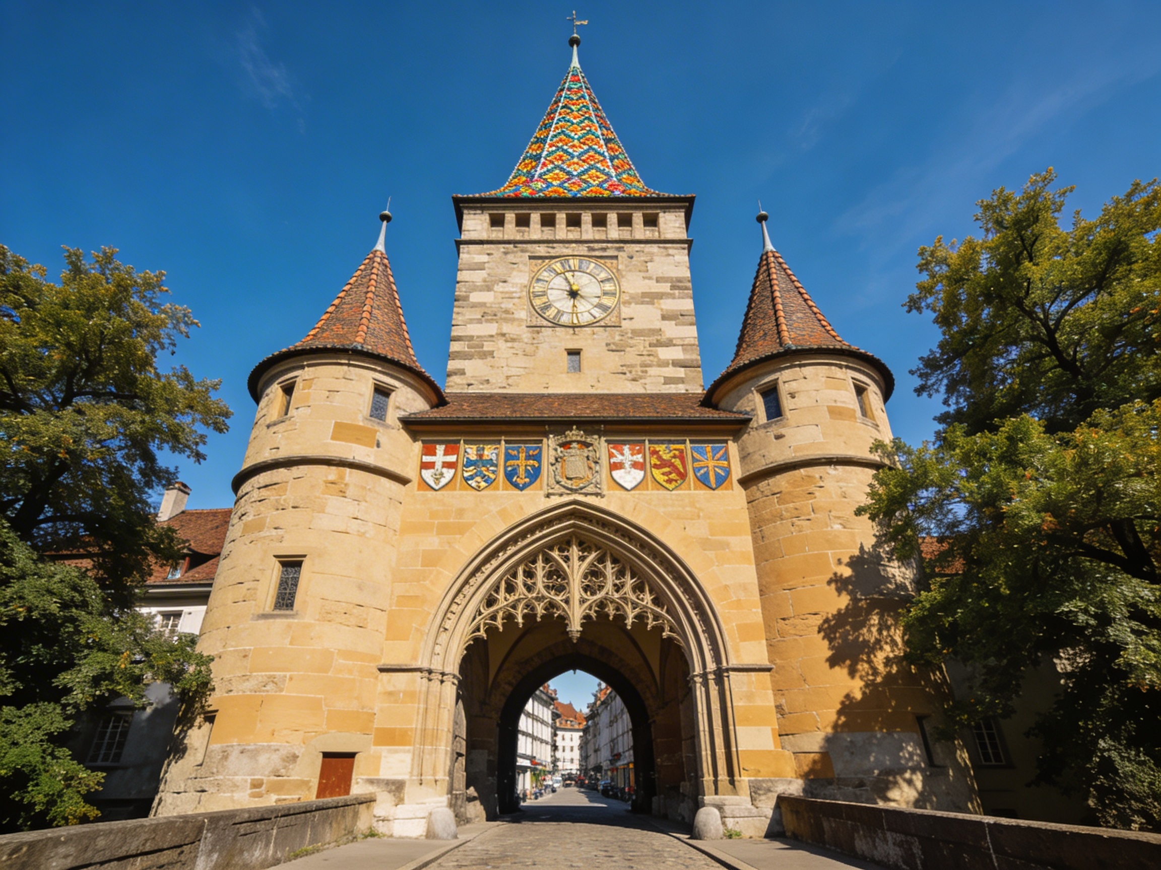 Ворота Шпалентор: средневековая башня XIV века с круглыми турелями и цветной черепицей