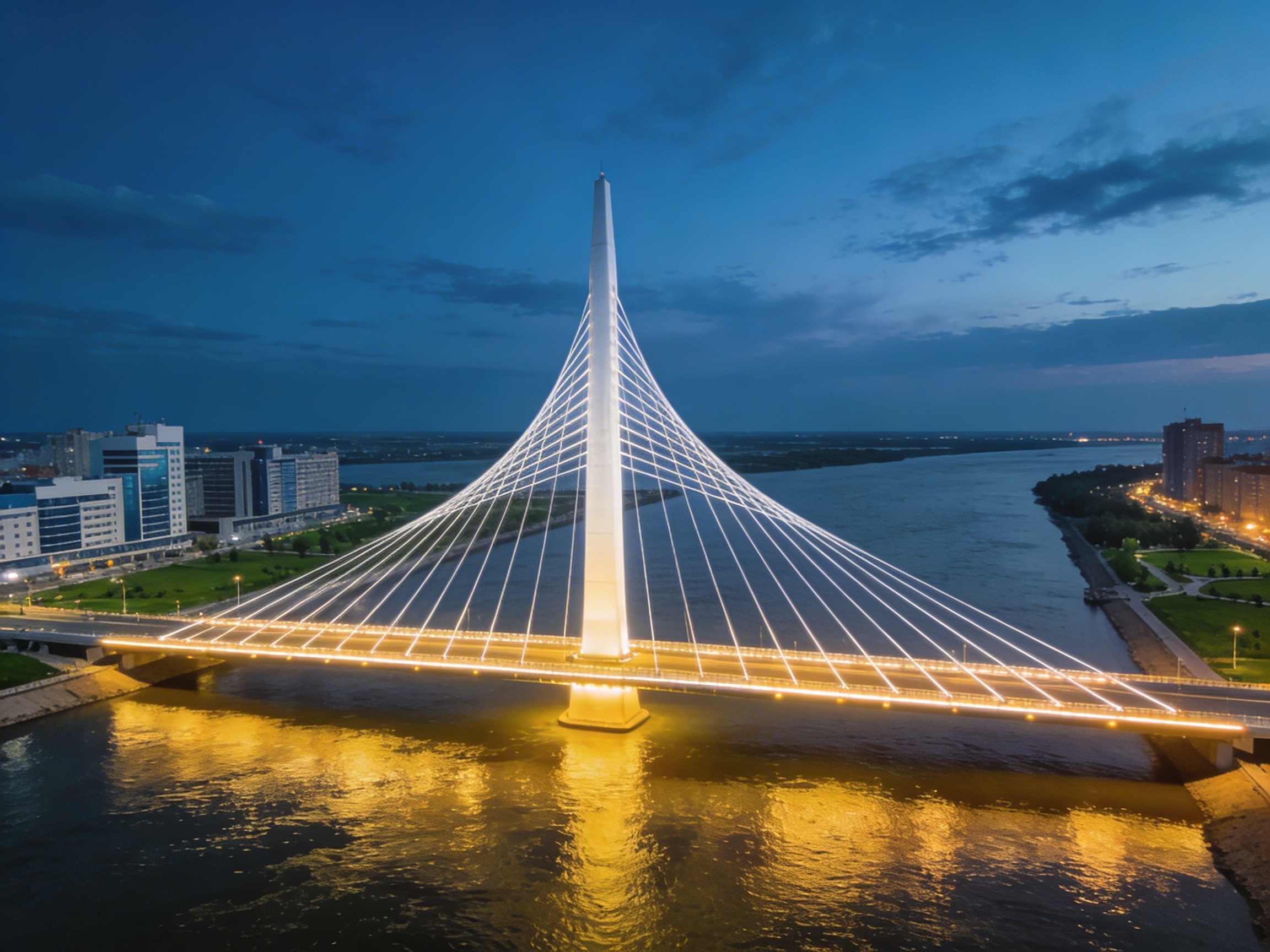 Пешеходный вантовый мост «10 лет независимости» через Урал в вечерней подсветке