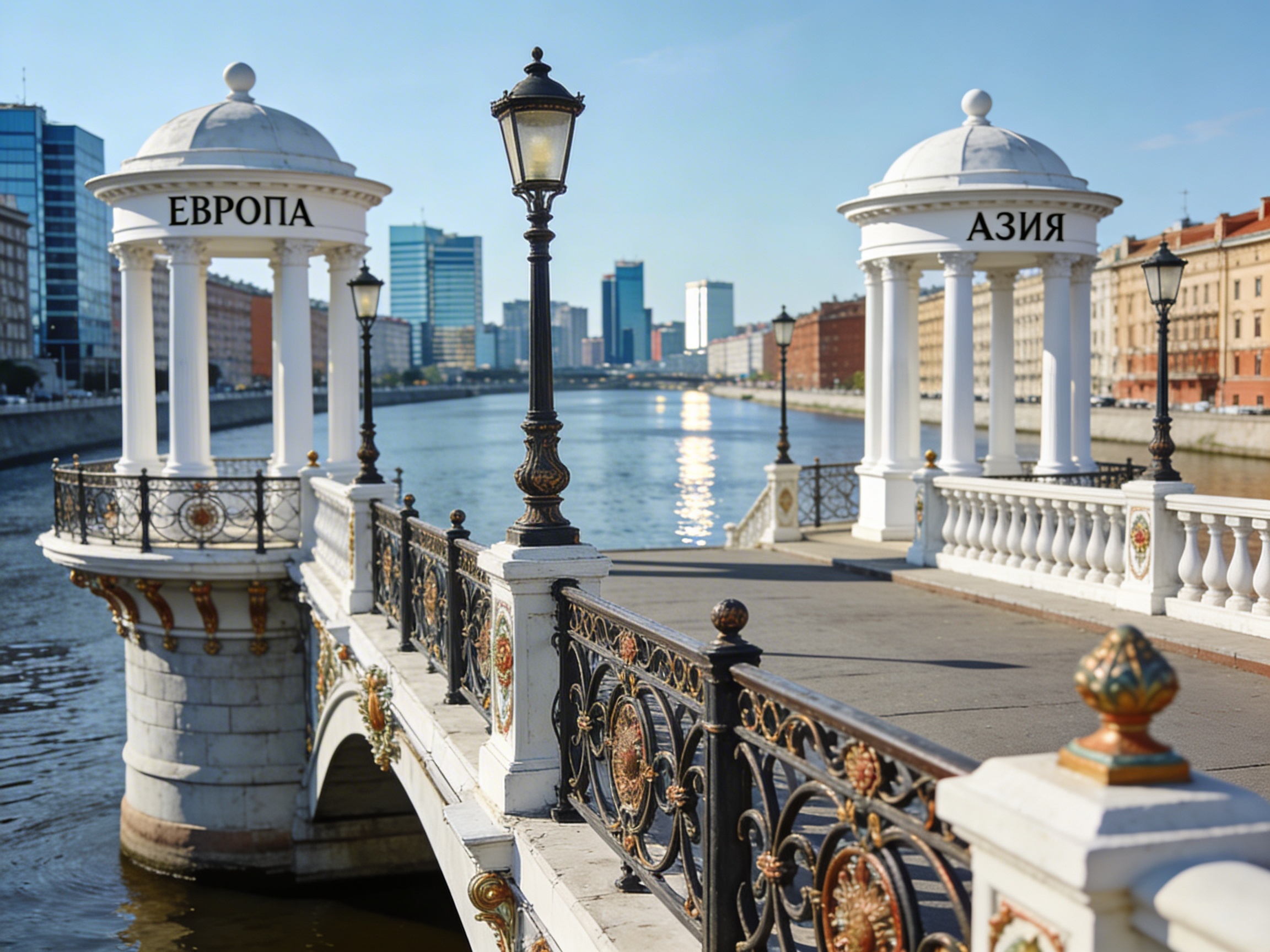 Мост «Европа — Азия» с белыми ротондами и коваными фонарями через Урал