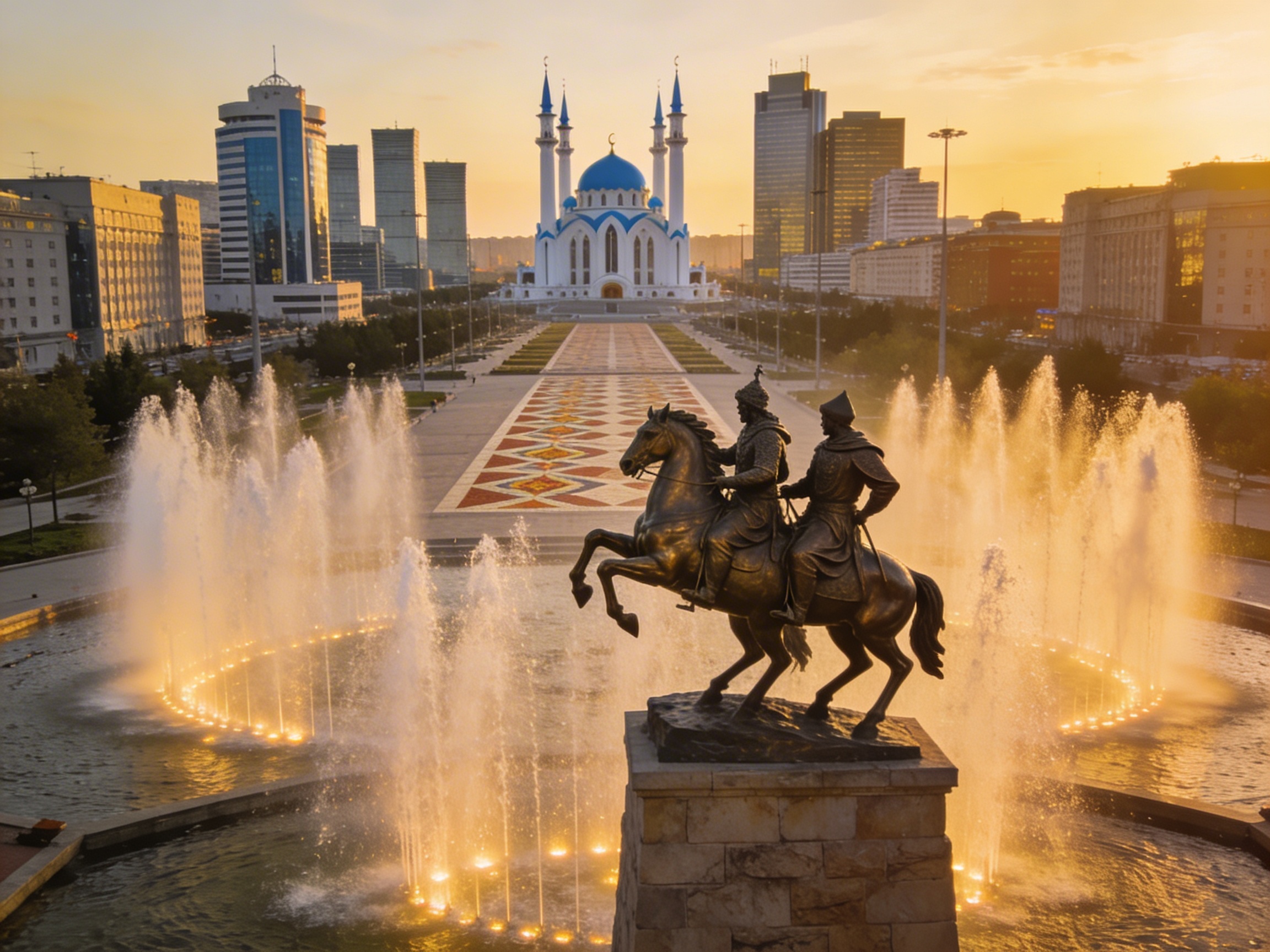 Памятник Исатаю и Махамбету с фонтанами и мечетью на фоне
