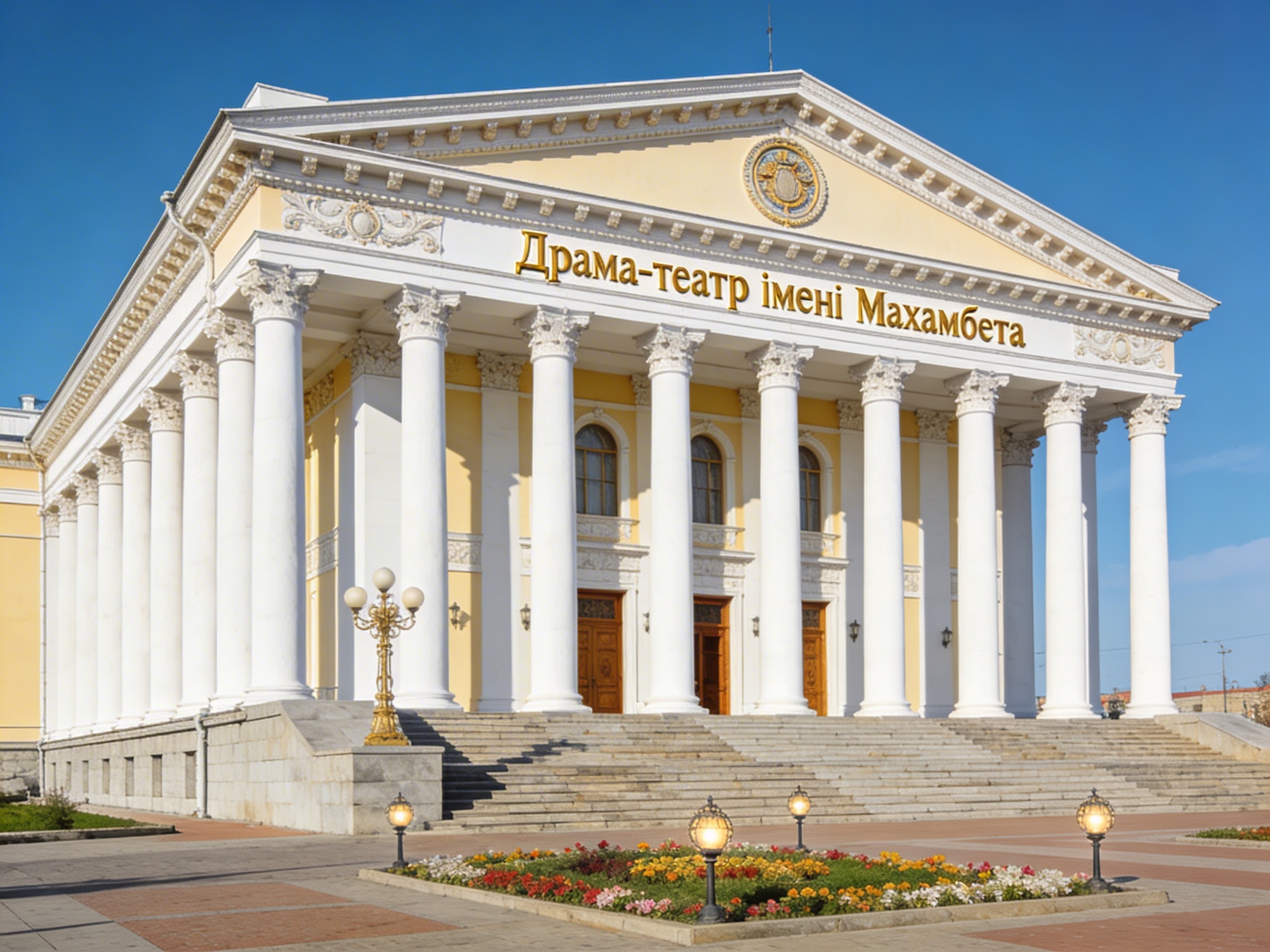 Драматический театр имени Махамбета: неоклассический фасад с белыми колоннами