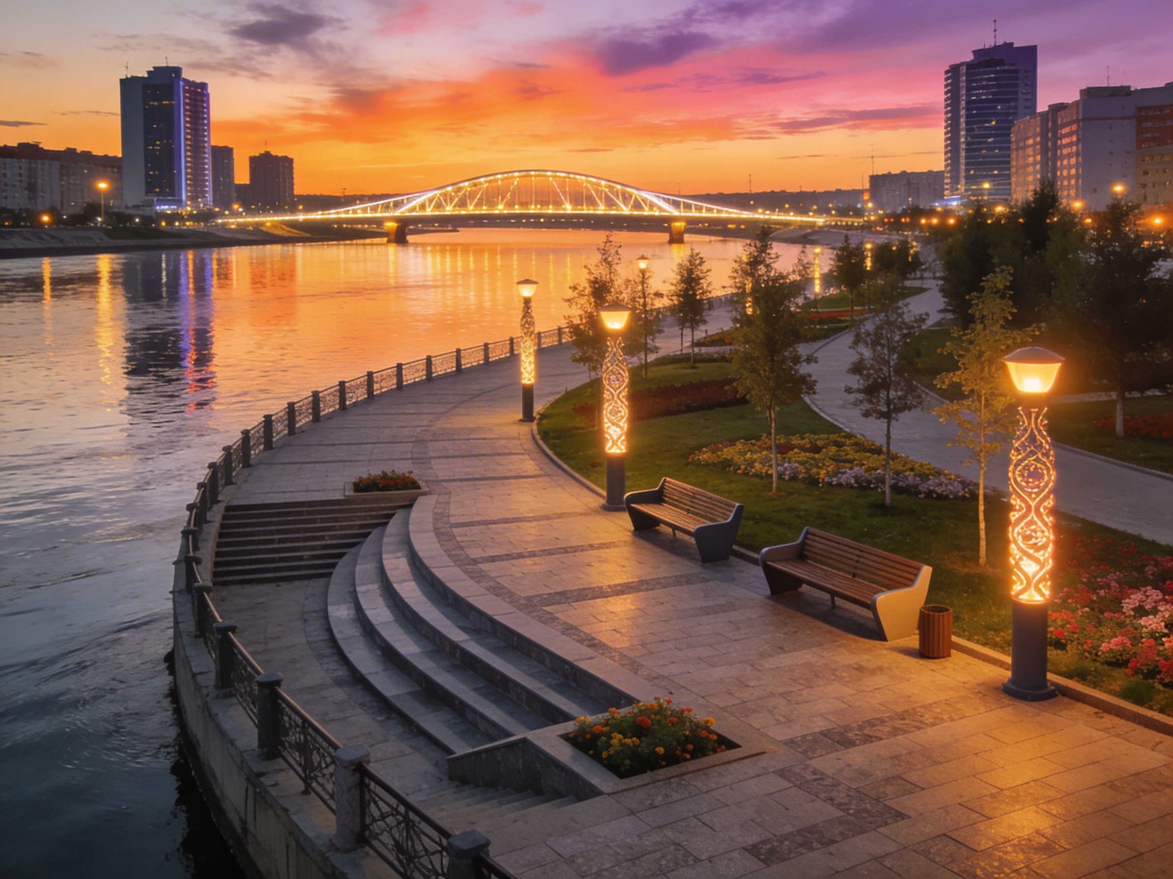Набережная Урала в Атырау: современный променад, фонари и закатное небо
