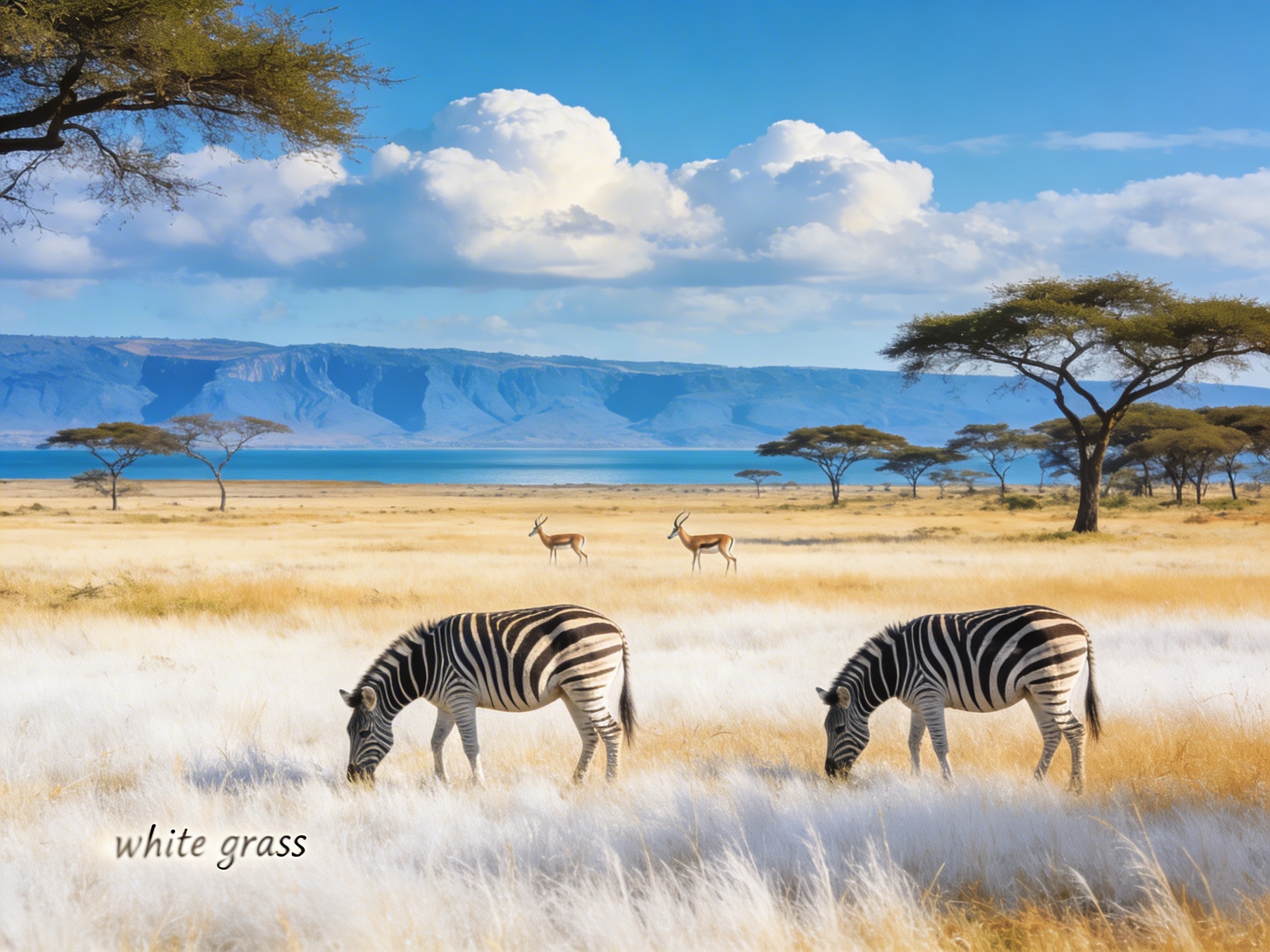 Саванна национального парка Нечисар: белые травы, зебры и озеро на горизонте