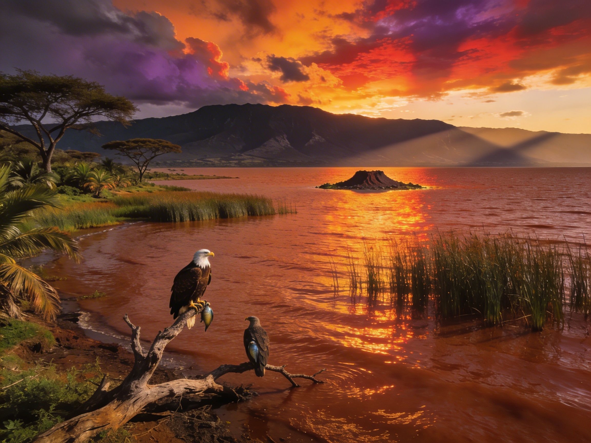 Озеро Абая: красно-коричневые воды и закат над Рифтовой долиной