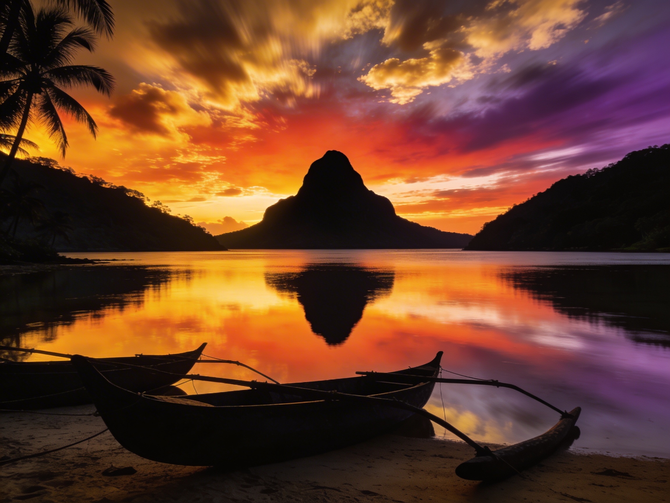 Закат над бухтой Антсирананы: силуэт Сахарной Головы и пироги на берегу