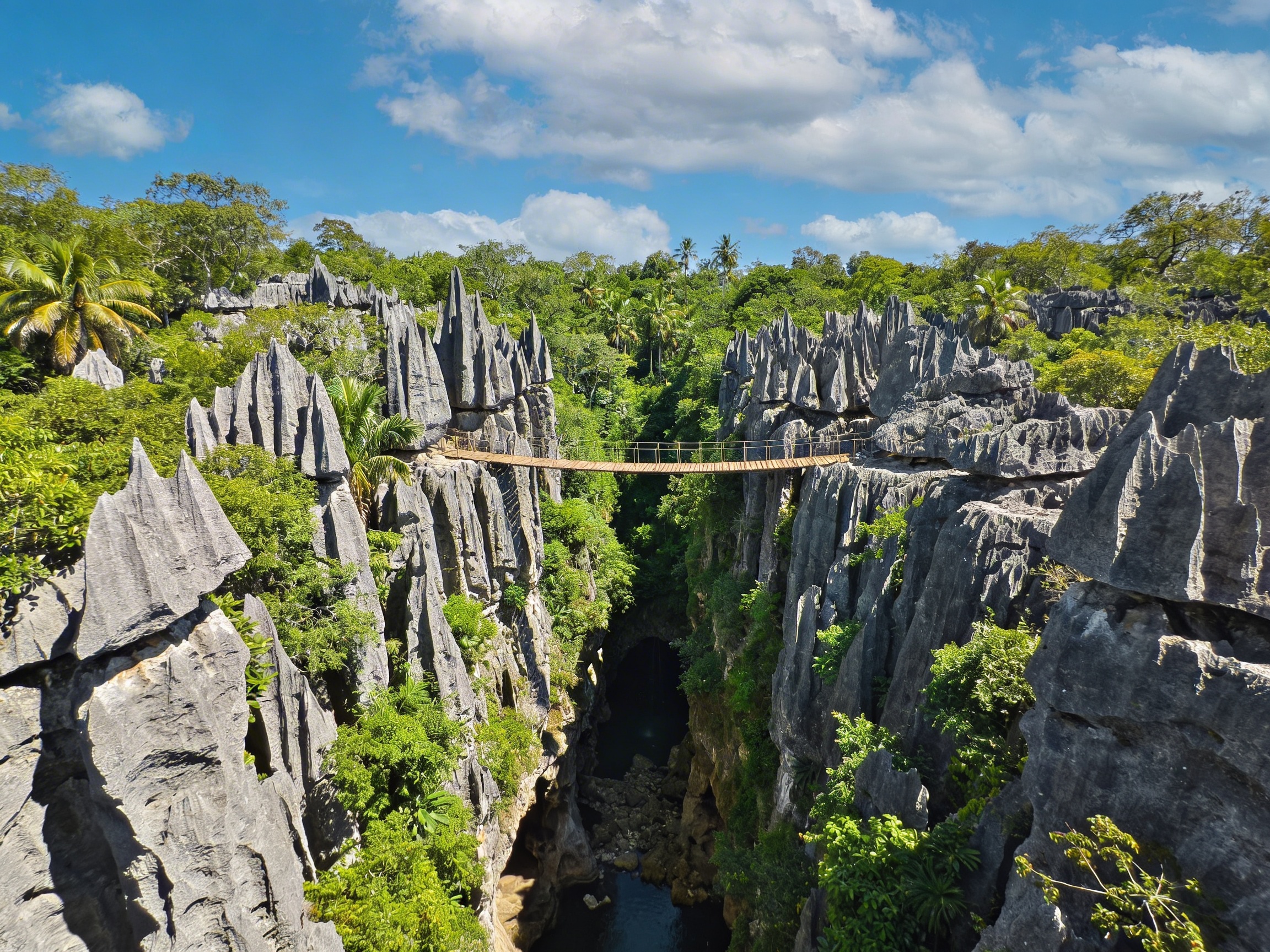 Национальный парк Анкарана: серые известняковые цинги и подвесной мост