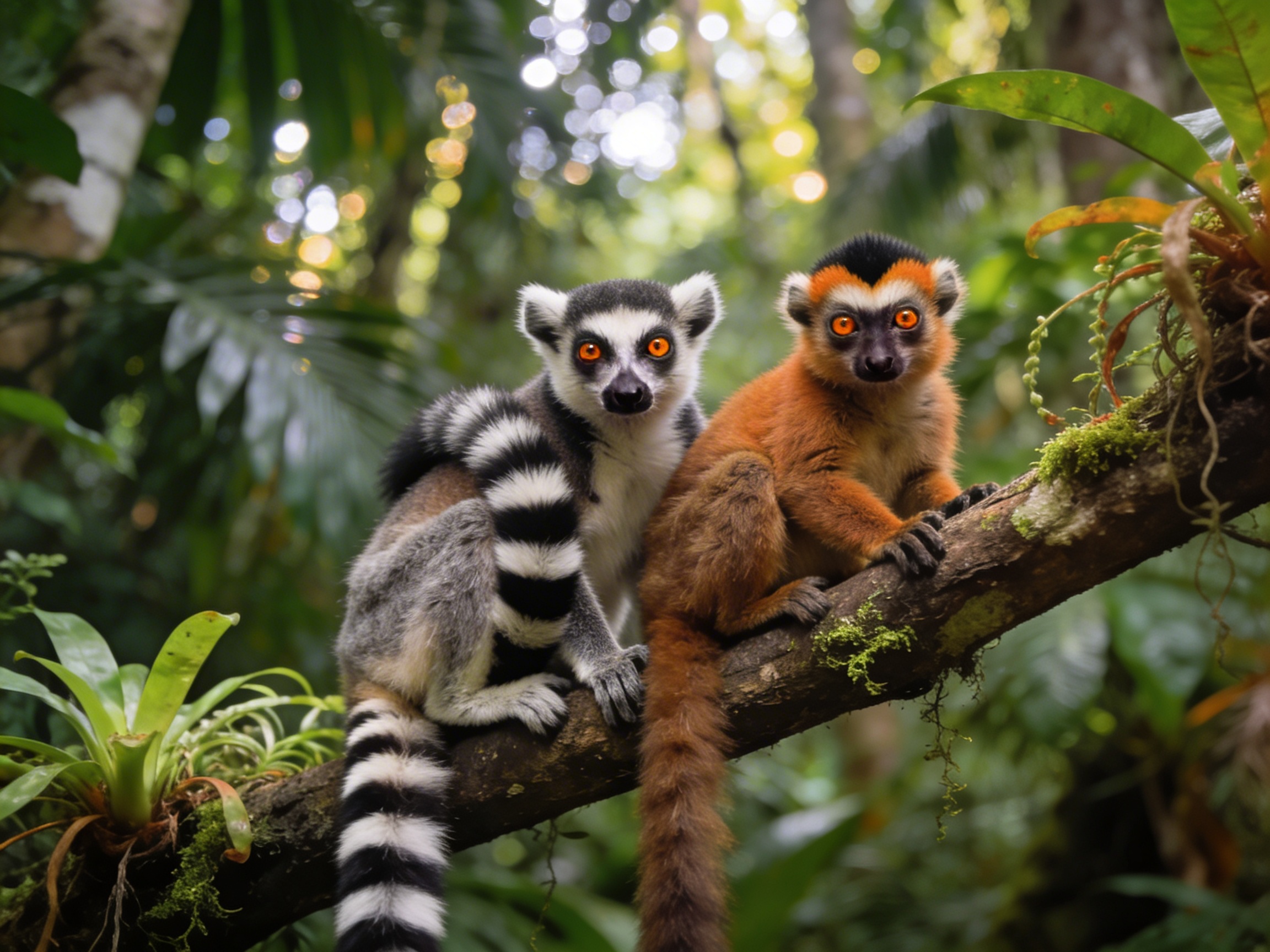 Лемуры Мадагаскара: коронованный лемур на ветке в тропическом лесу