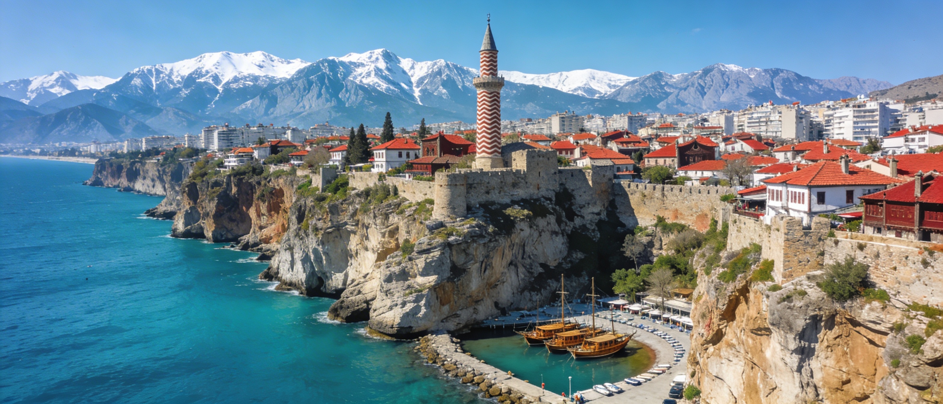 Панорама Анталии: скалистое побережье, старый город и Средиземное море