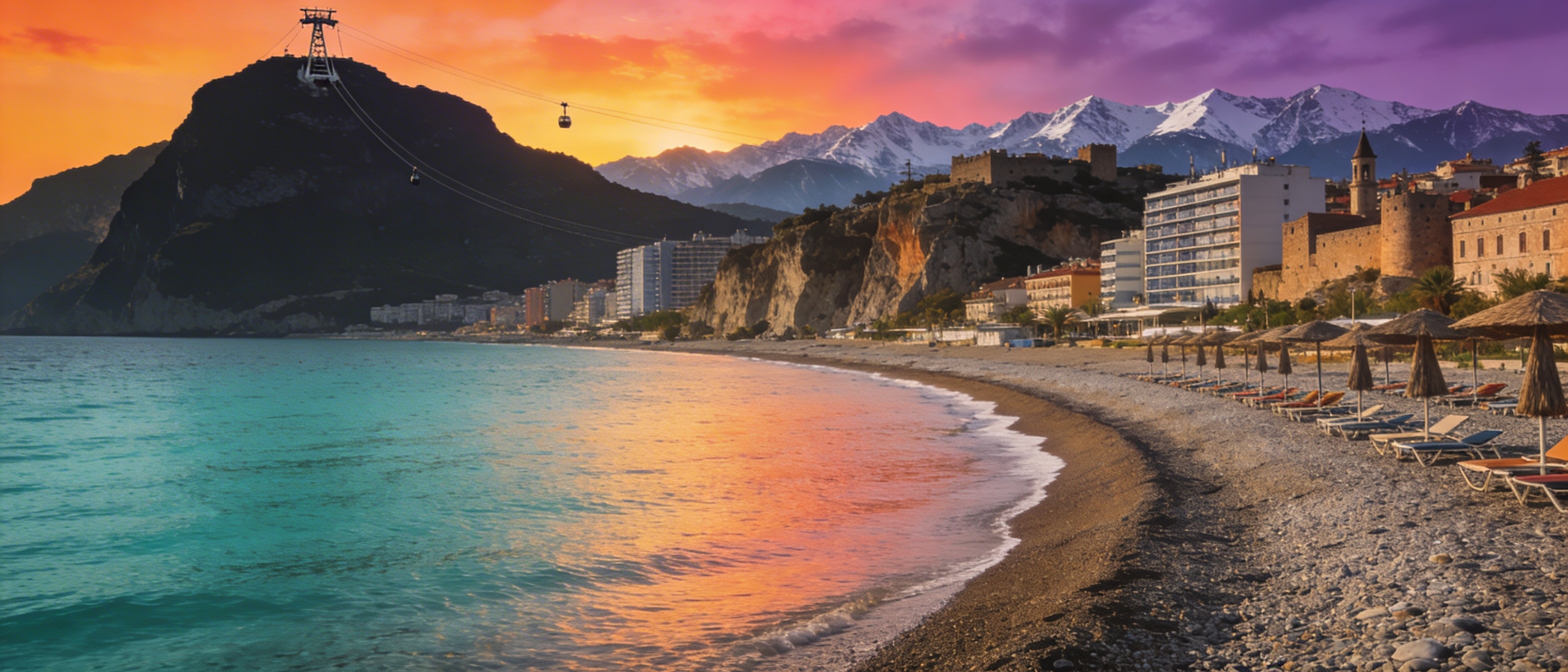 Закат на пляже Коньяалты: бирюзовое море, горы Таурус и панорама Анталии