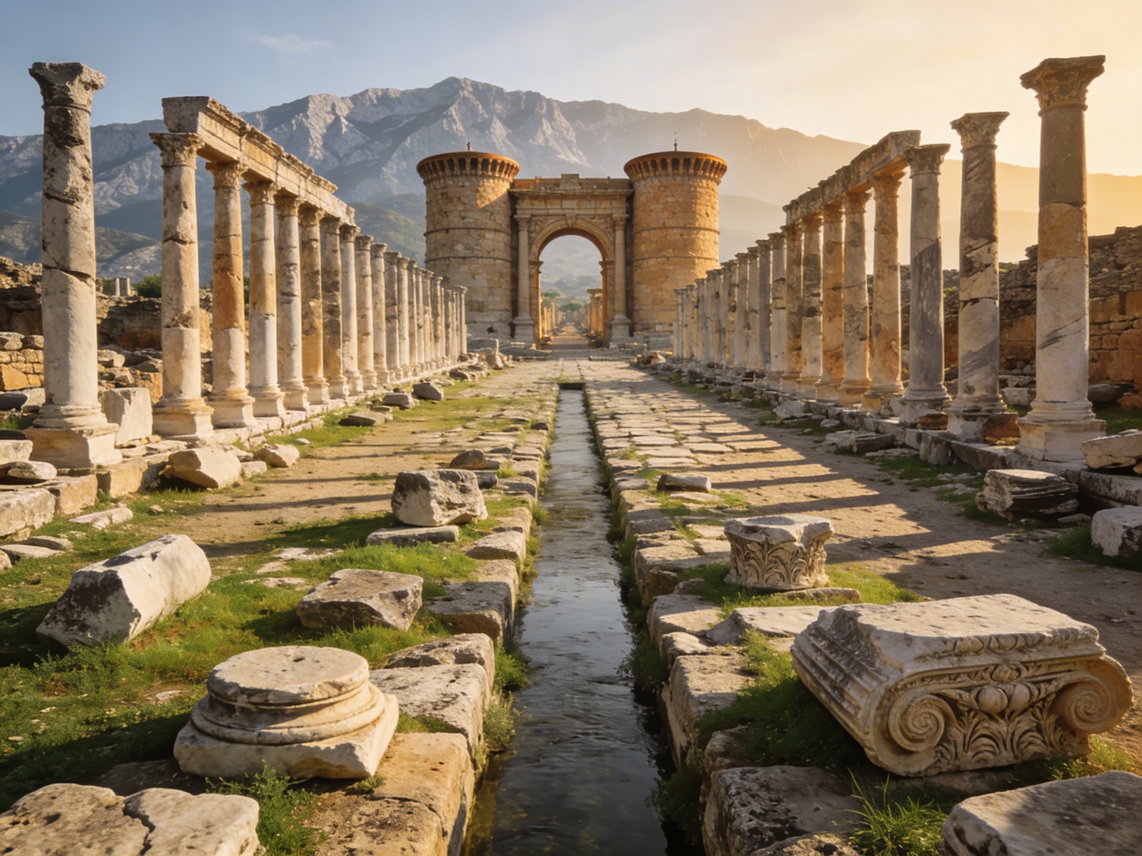 Античный город Перге: колонная улица и эллинистические ворота с башнями