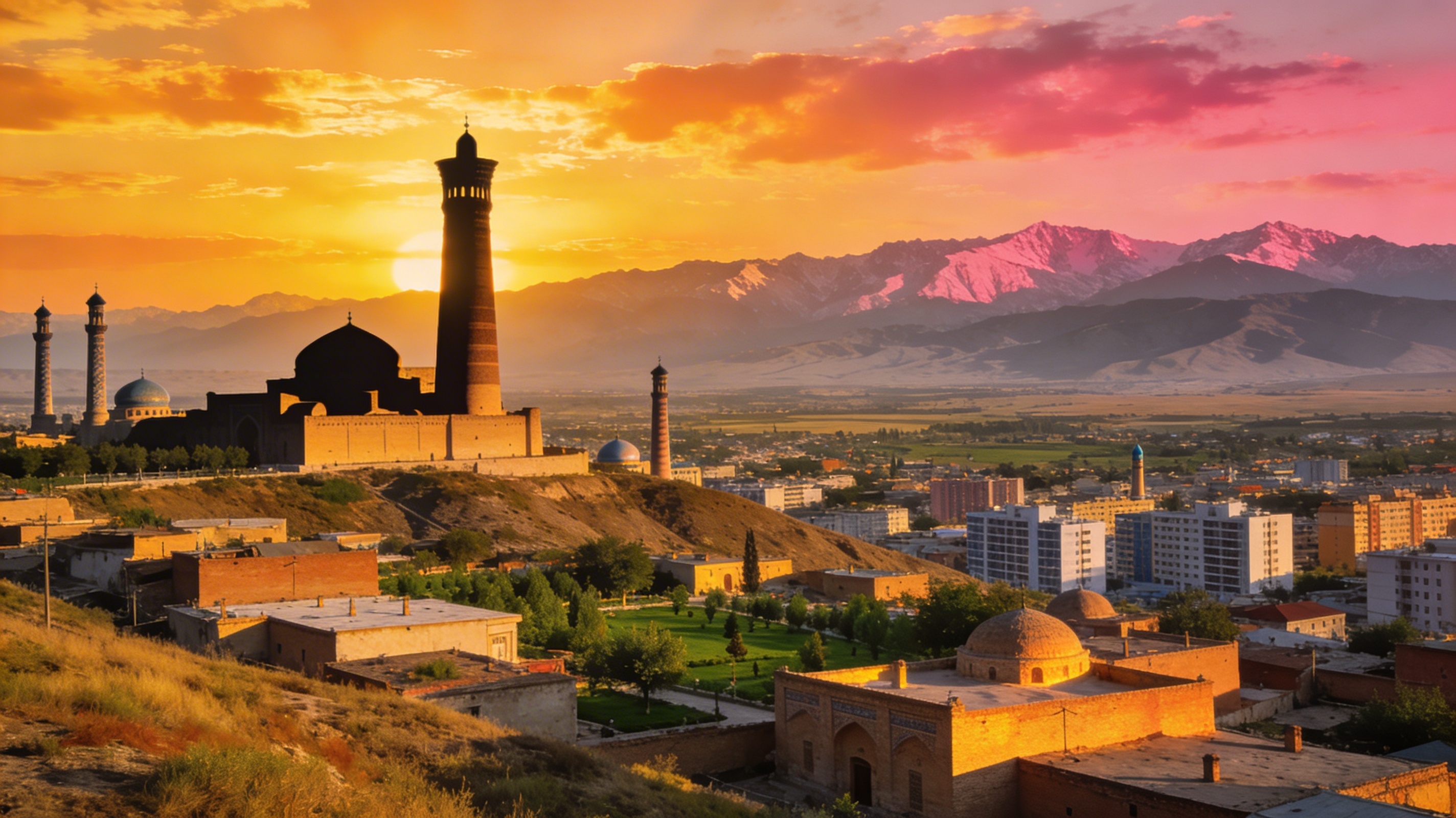 Закат над Андижаном: минарет Джами, крыши махаллей и горы Ферганской долины