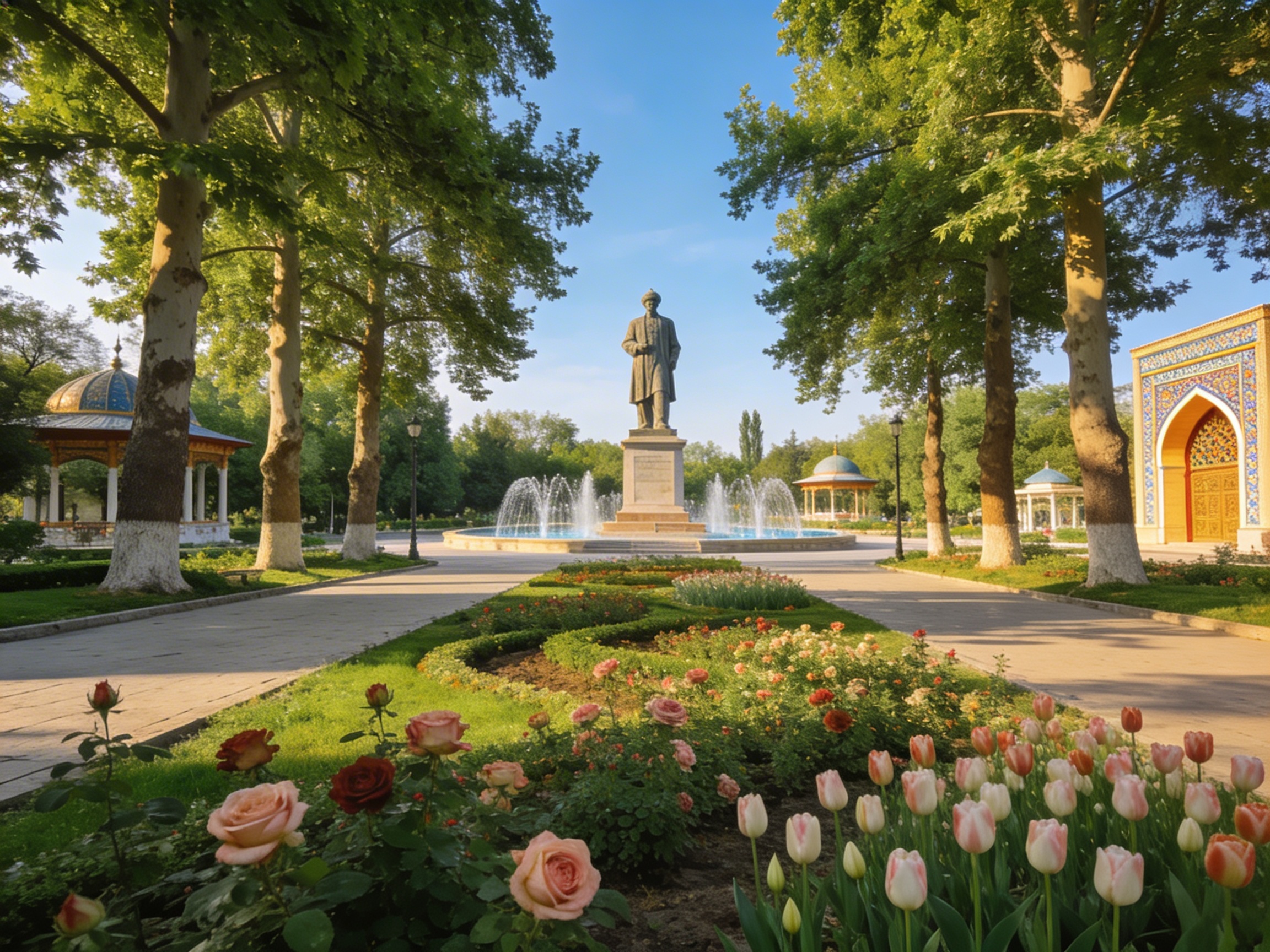 Мемориальный парк Бабура в Андижане: аллеи, фонтаны и памятник