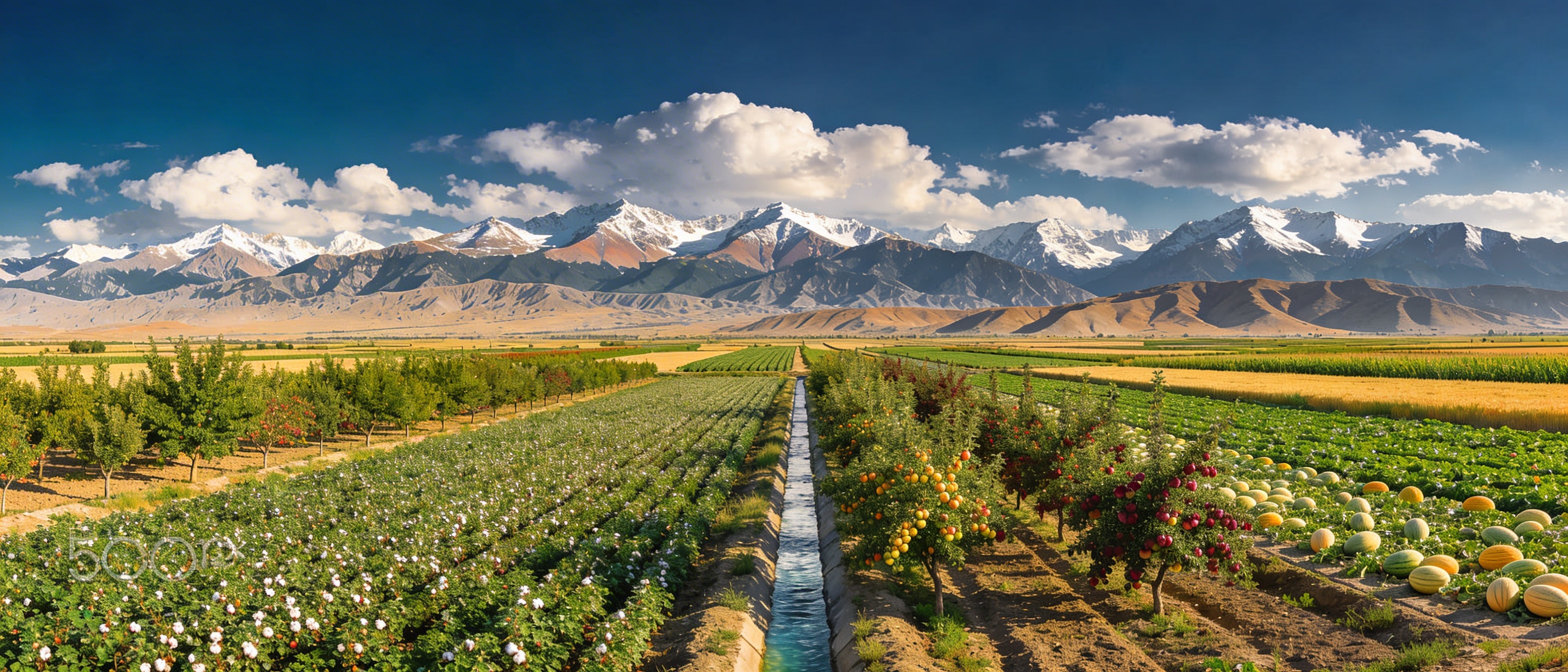 Ферганская долина у Андижана: фруктовые сады, поля и горы Тянь-Шаня