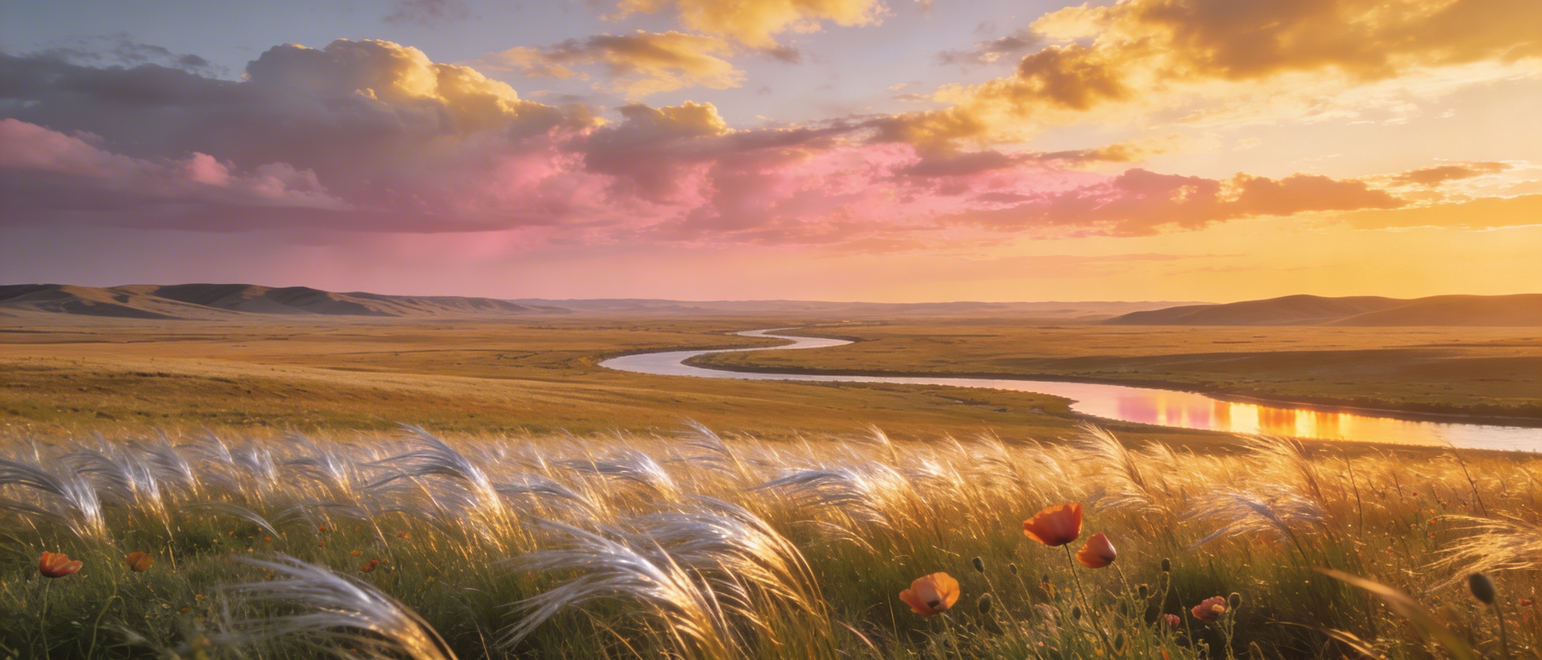 Бескрайняя степь Актюбинской области: ковыль, река и закатное небо