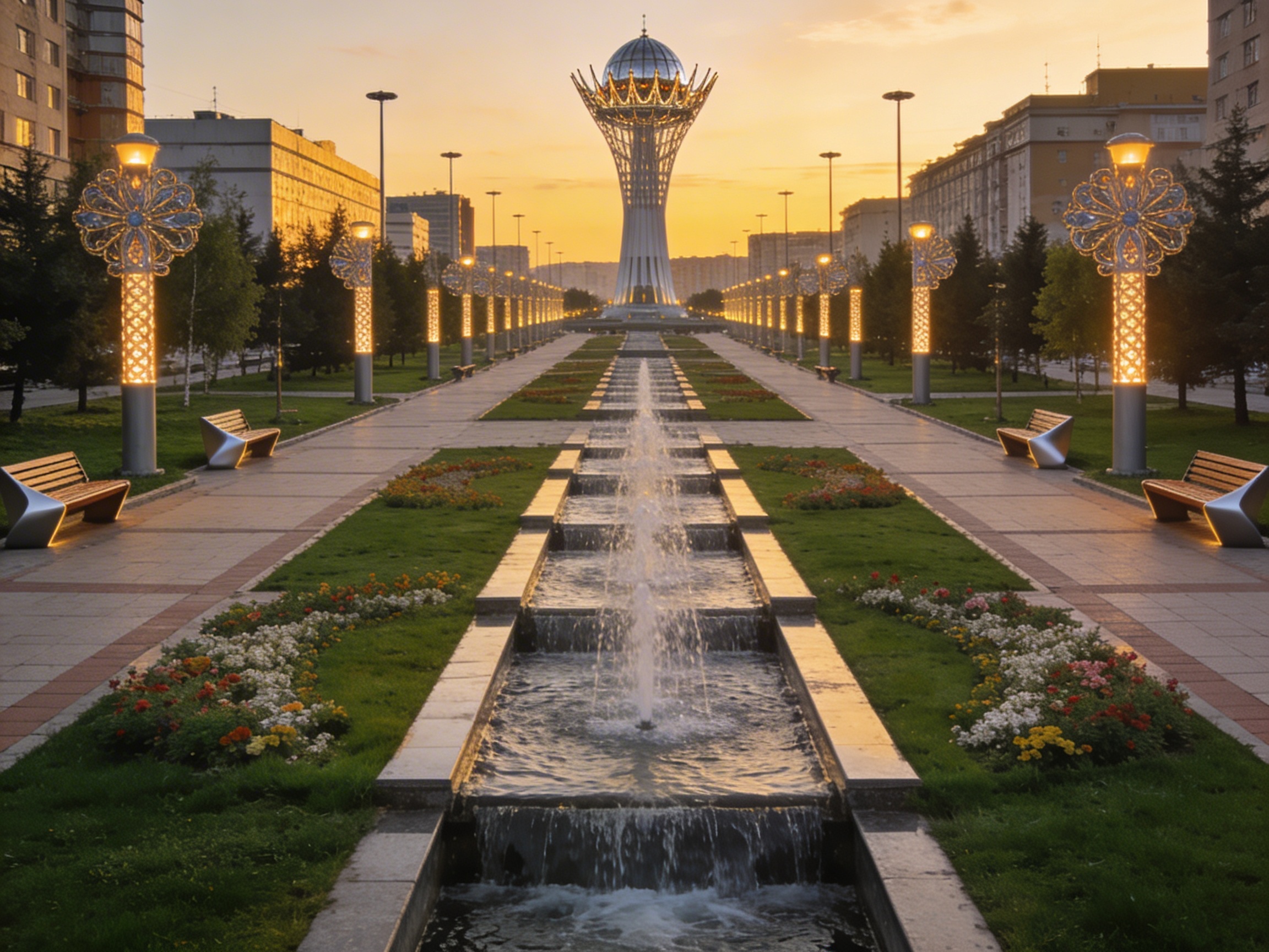 Водно-зелёный бульвар Единства и Согласия в Актобе с фонтанами и монументом Шанырак
