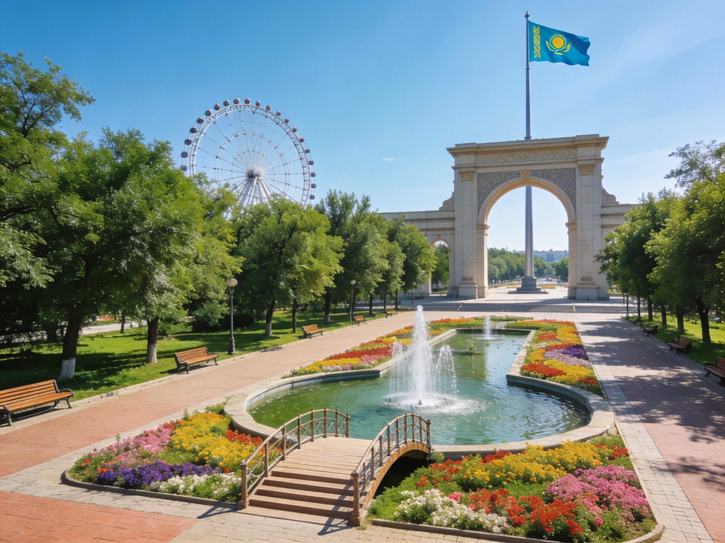 Парк имени Первого Президента в Актобе: аллеи, колесо обозрения и флагшток