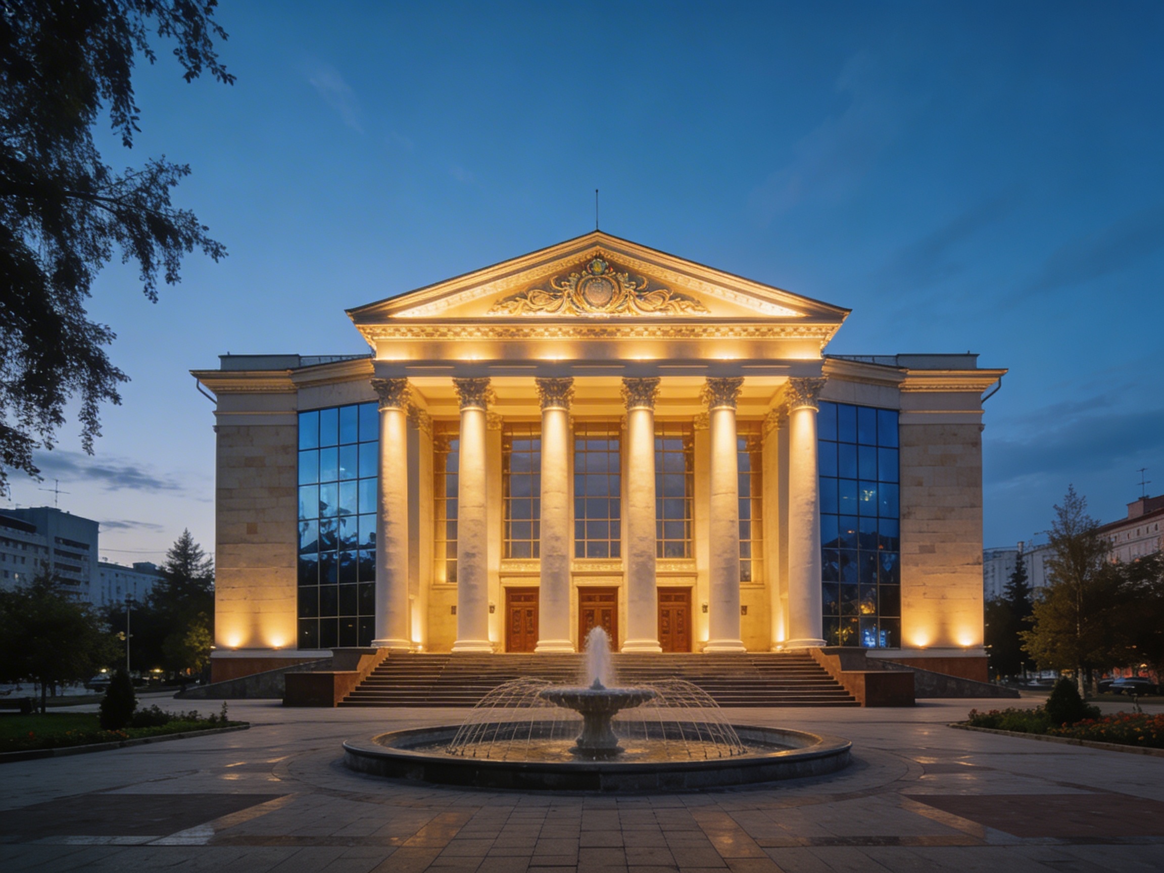 Драматический театр имени Ахтанова в Актобе в вечерней подсветке