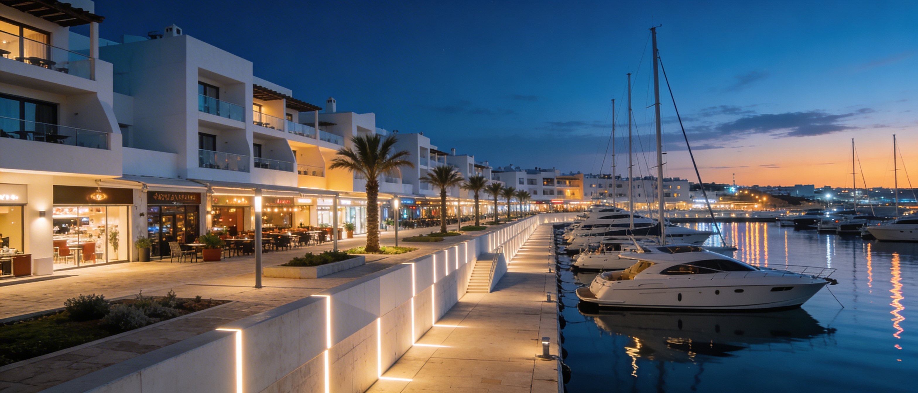 Марина Айя-Напы с яхтами и современной набережной в вечерней подсветке