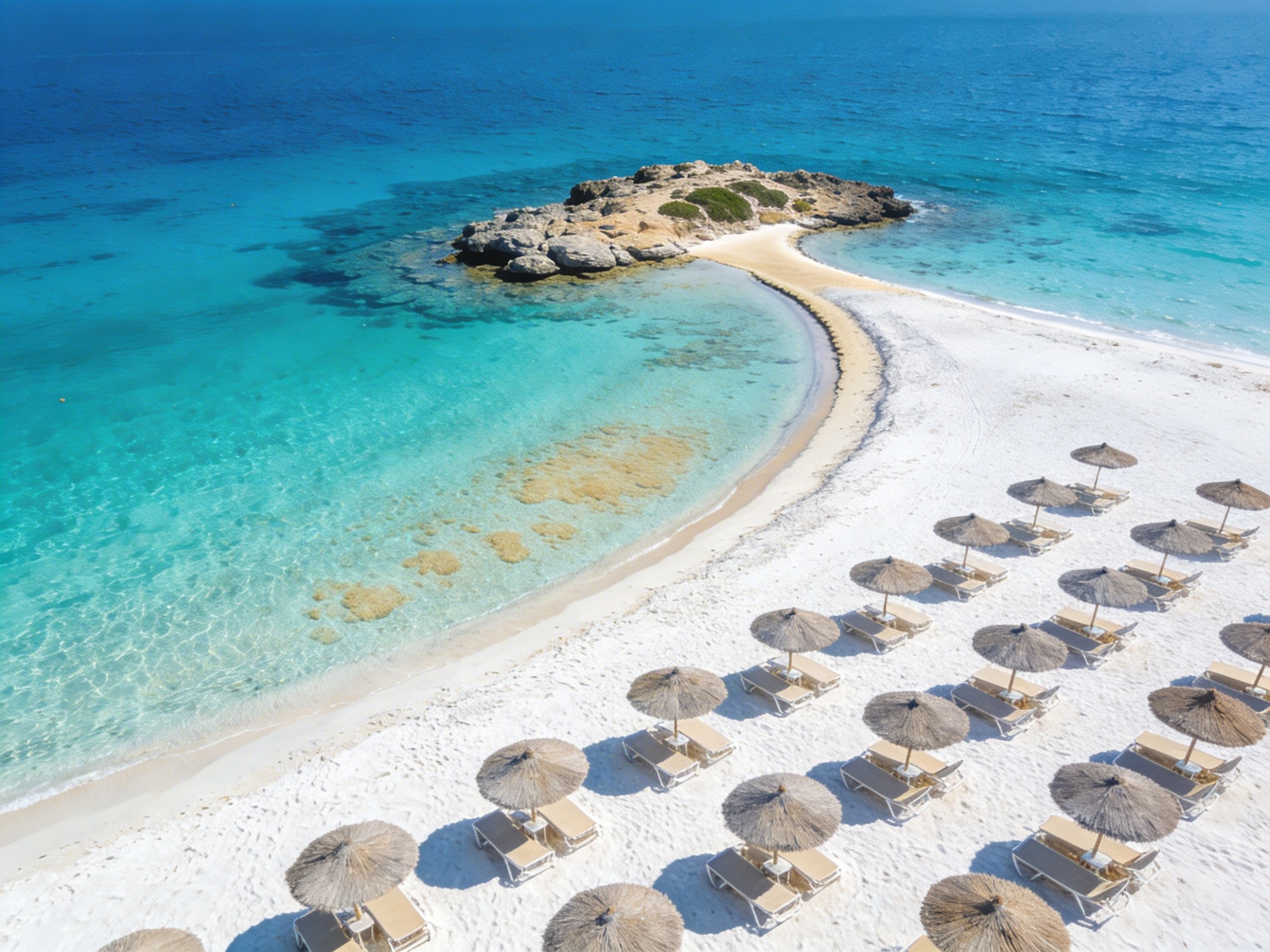 Пляж Нисси с белым песком, бирюзовой бухтой и островком