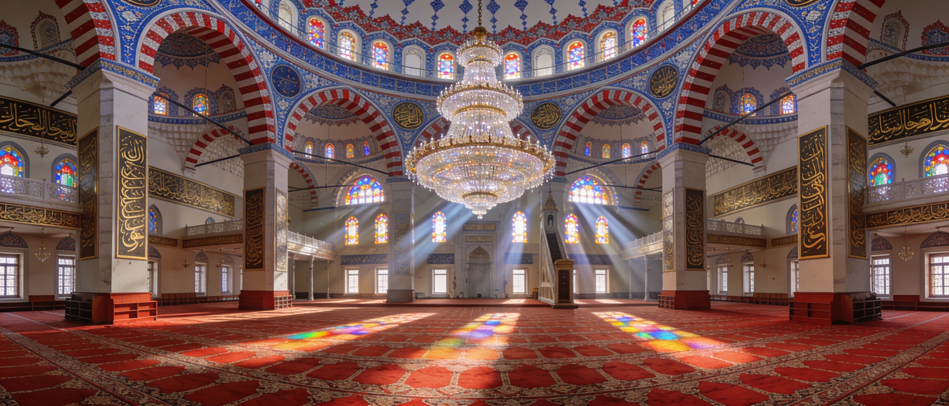 Интерьер мечети Сабанджи: купол, витражи и хрустальная люстра