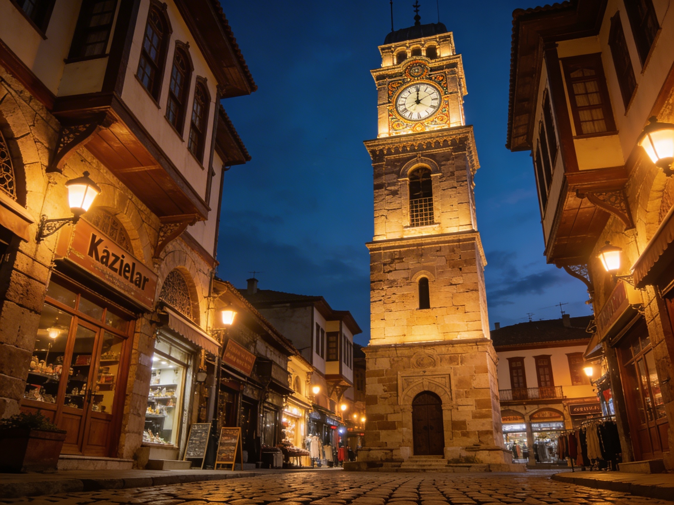 Часовая башня Бююк Саат в ночной подсветке среди старых базаров