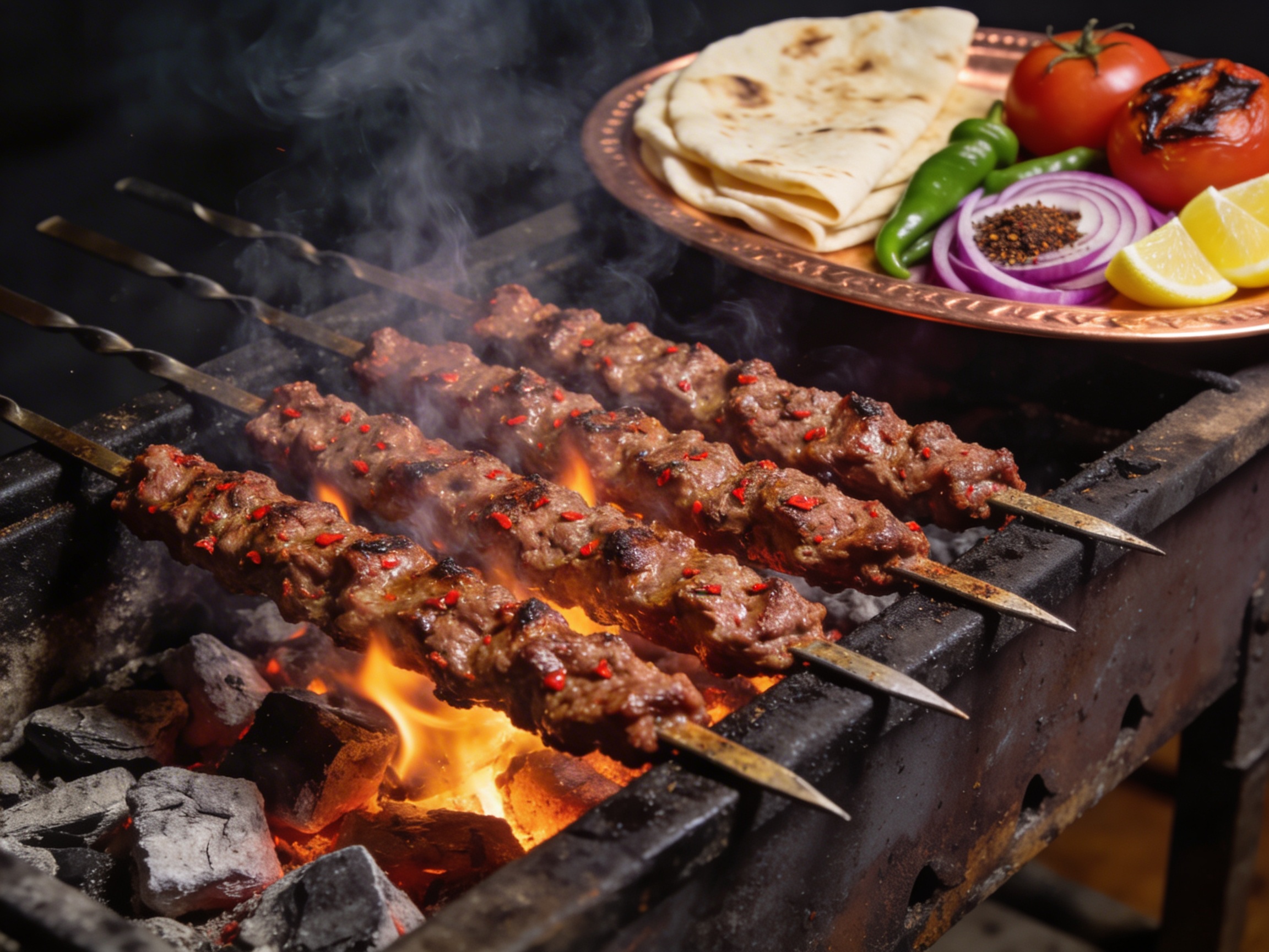 Адана-кебаб на углях: острое мясо ягнёнка на шампурах с лавашом