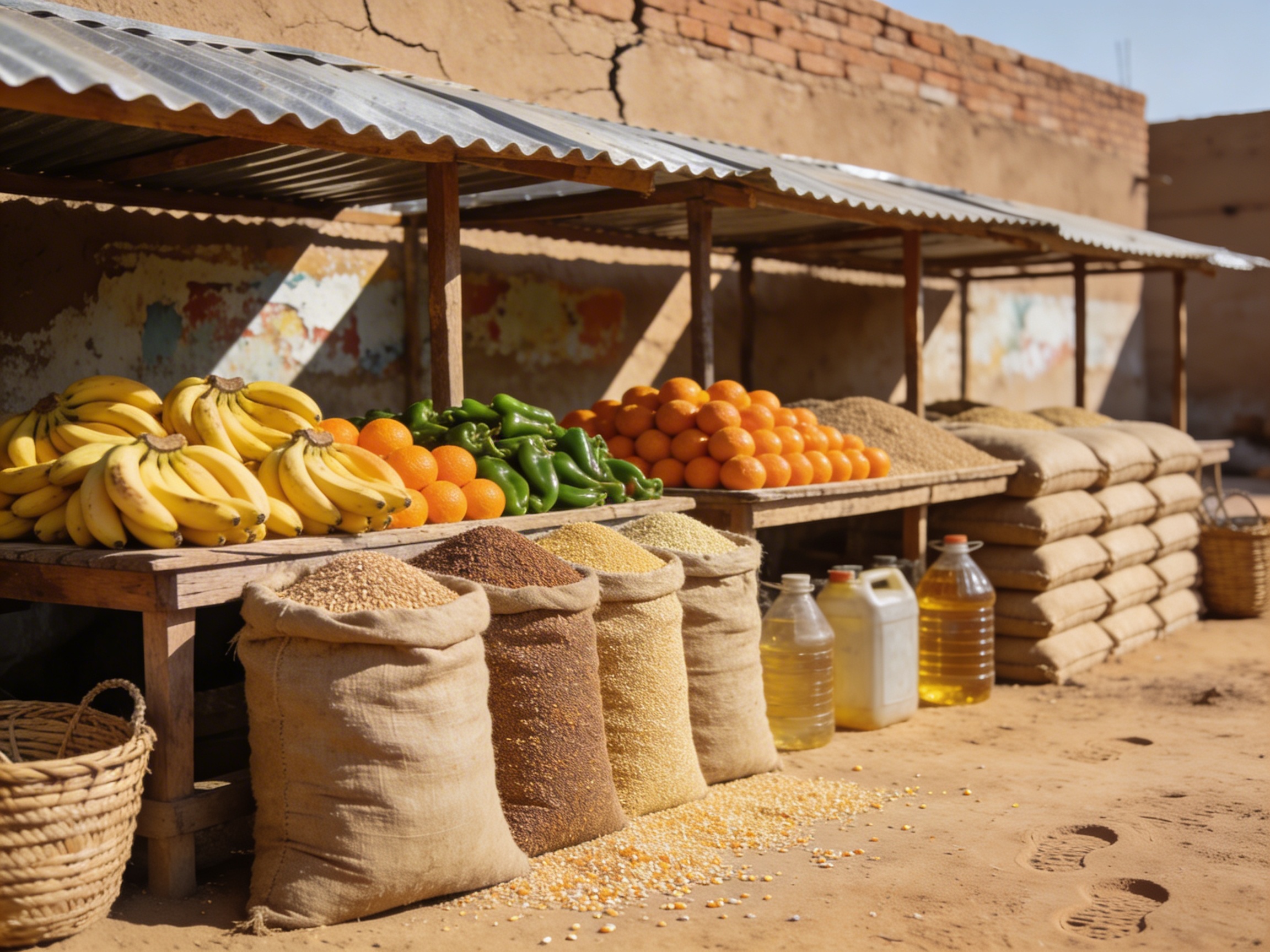 Рынок Акордата: ряды с фруктами, овощами и мешками зерна под навесами