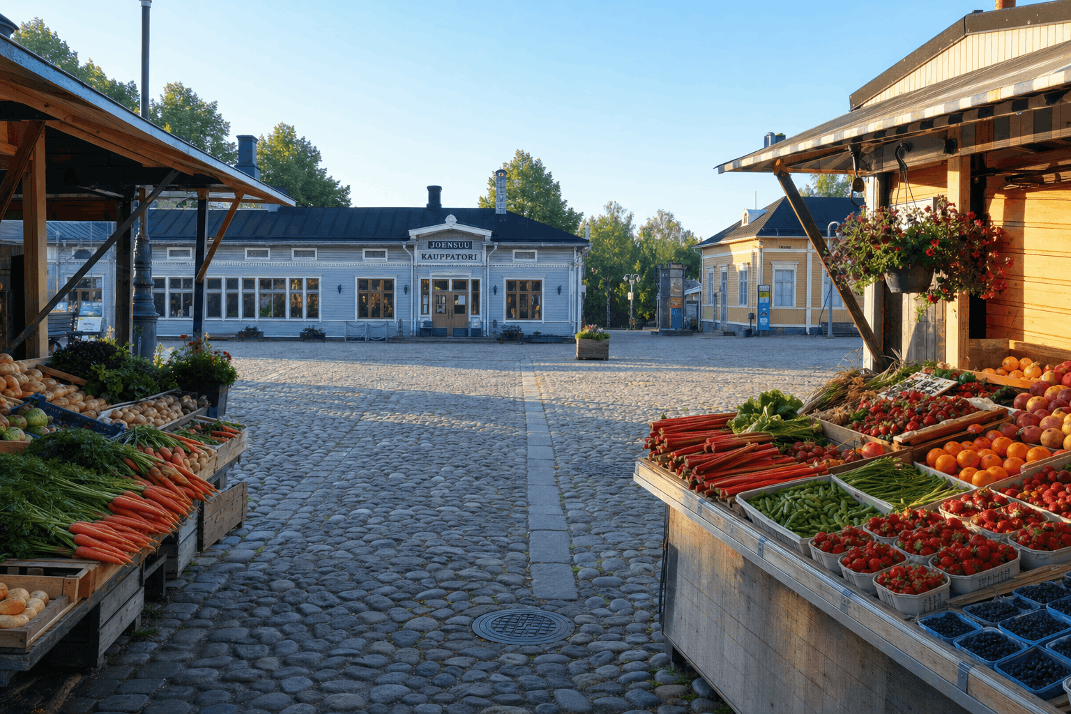 Рыночная площадь Кауппатори в Йоэнсуу с прилавками овощей, ягод и традиционной финской едой