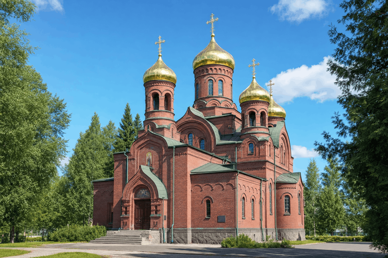 Православный собор Святого Николая в Йоэнсуу, красный кирпич и золотые луковичные купола