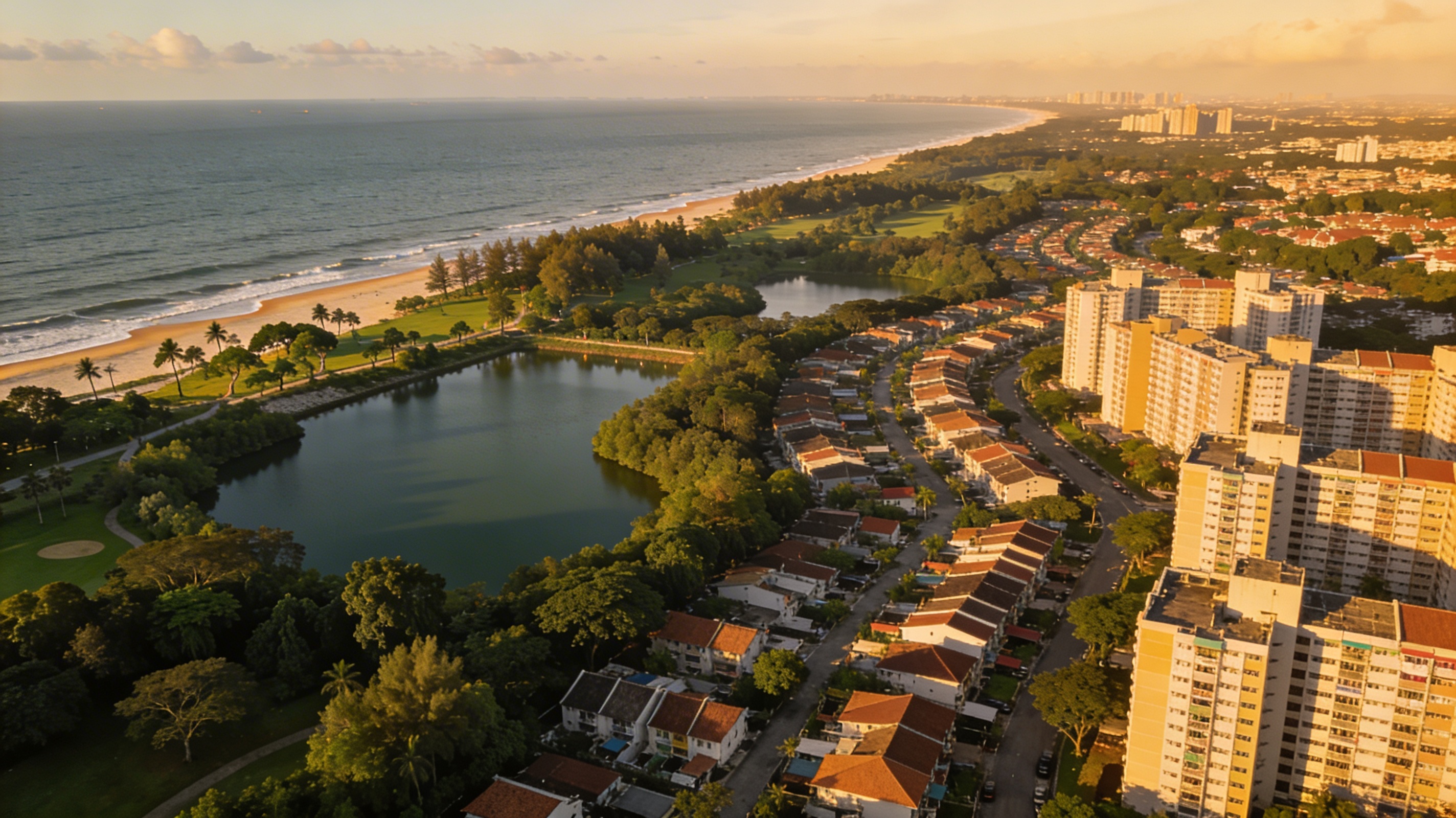 Закат на Ист-Кост: казуарины, танкеры в Малаккском проливе и оранжевое небо