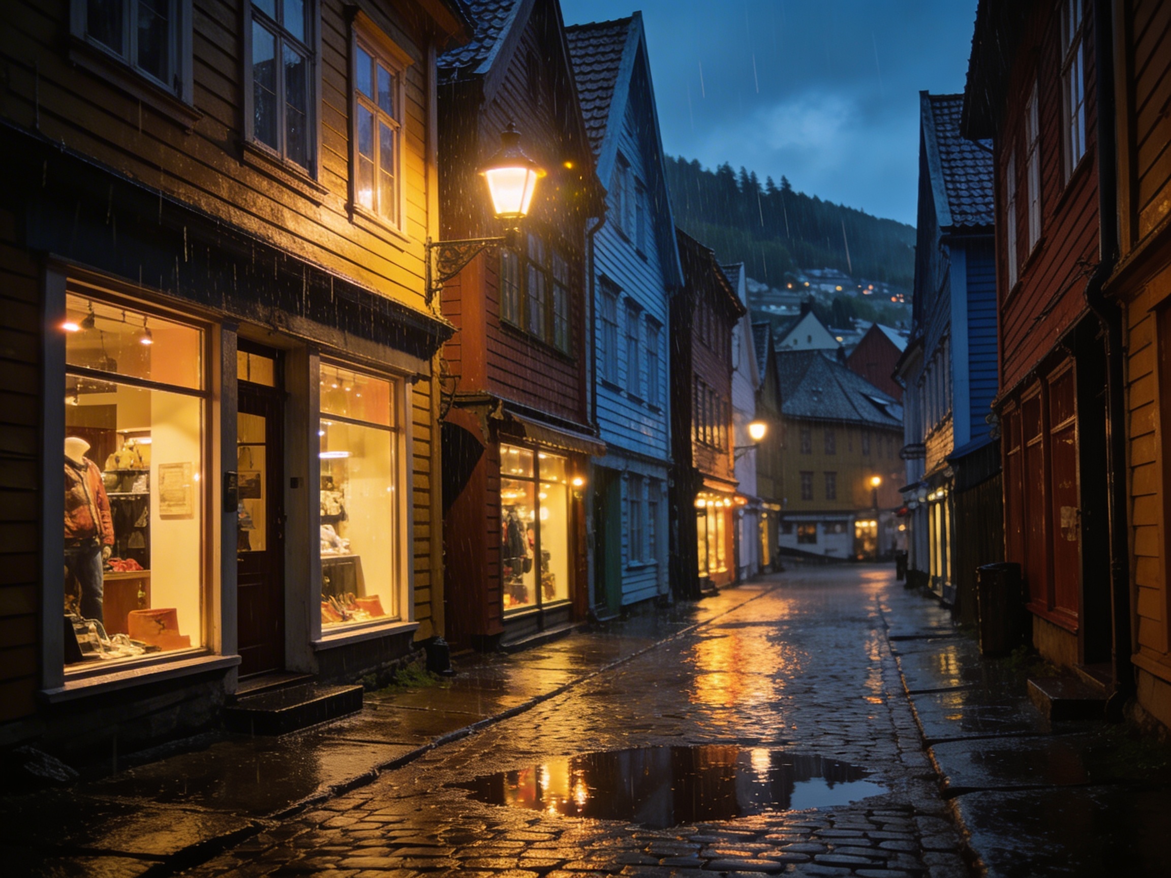 Вечерняя улица Бергена под дождём с огнями и мокрой брусчаткой