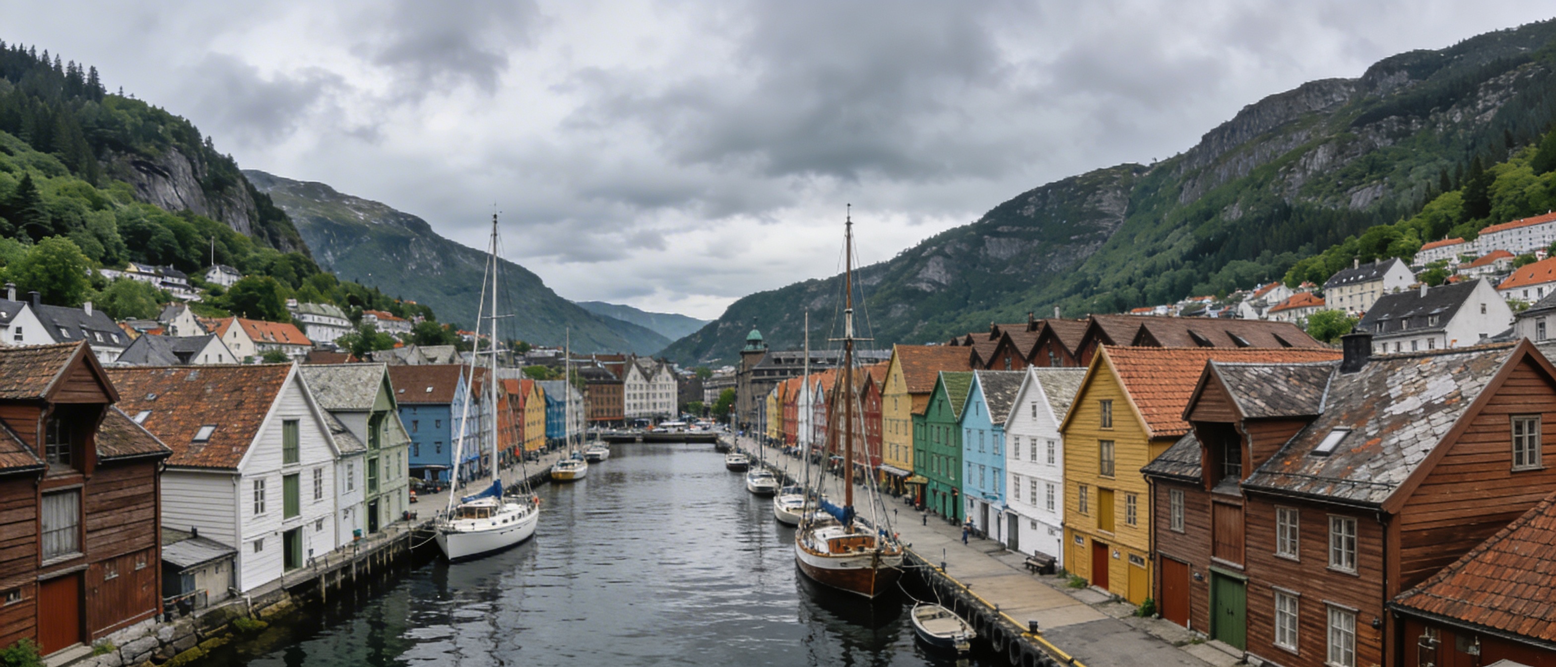 Общий вид центра Бергена с гаванью и домами, окружённый горами