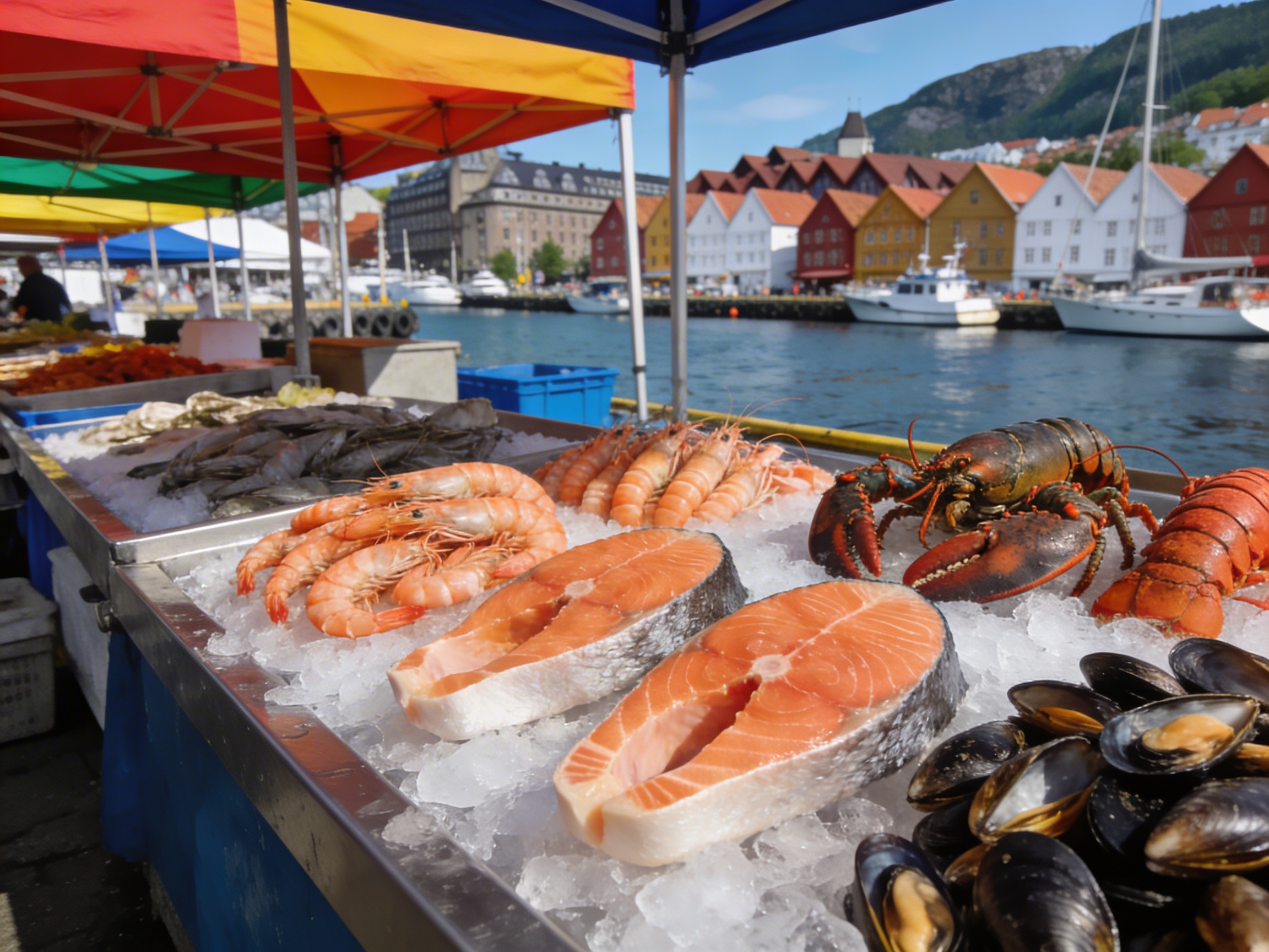 Рыбный рынок Бергена с прилавками морепродуктов и видом на гавань
