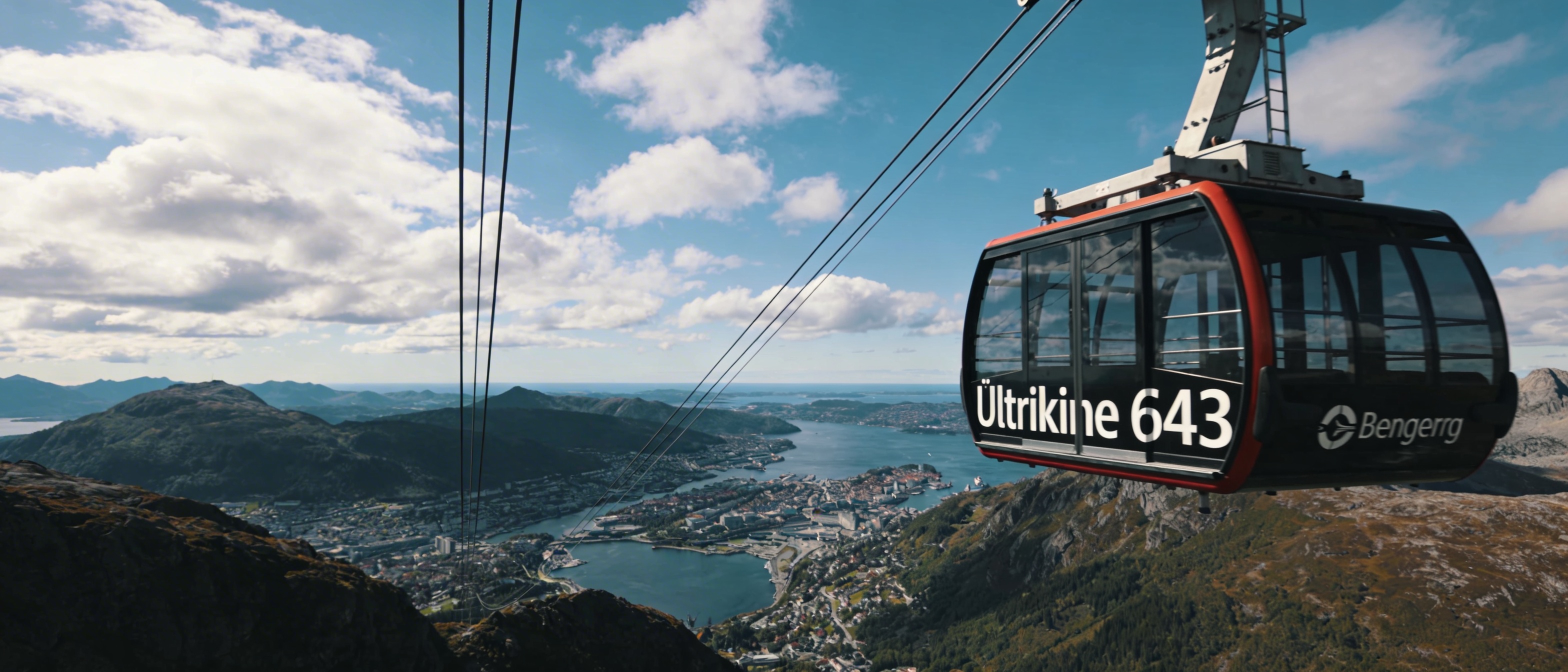 Канатная дорога Ulriken643 на фоне гор и вида на Берген