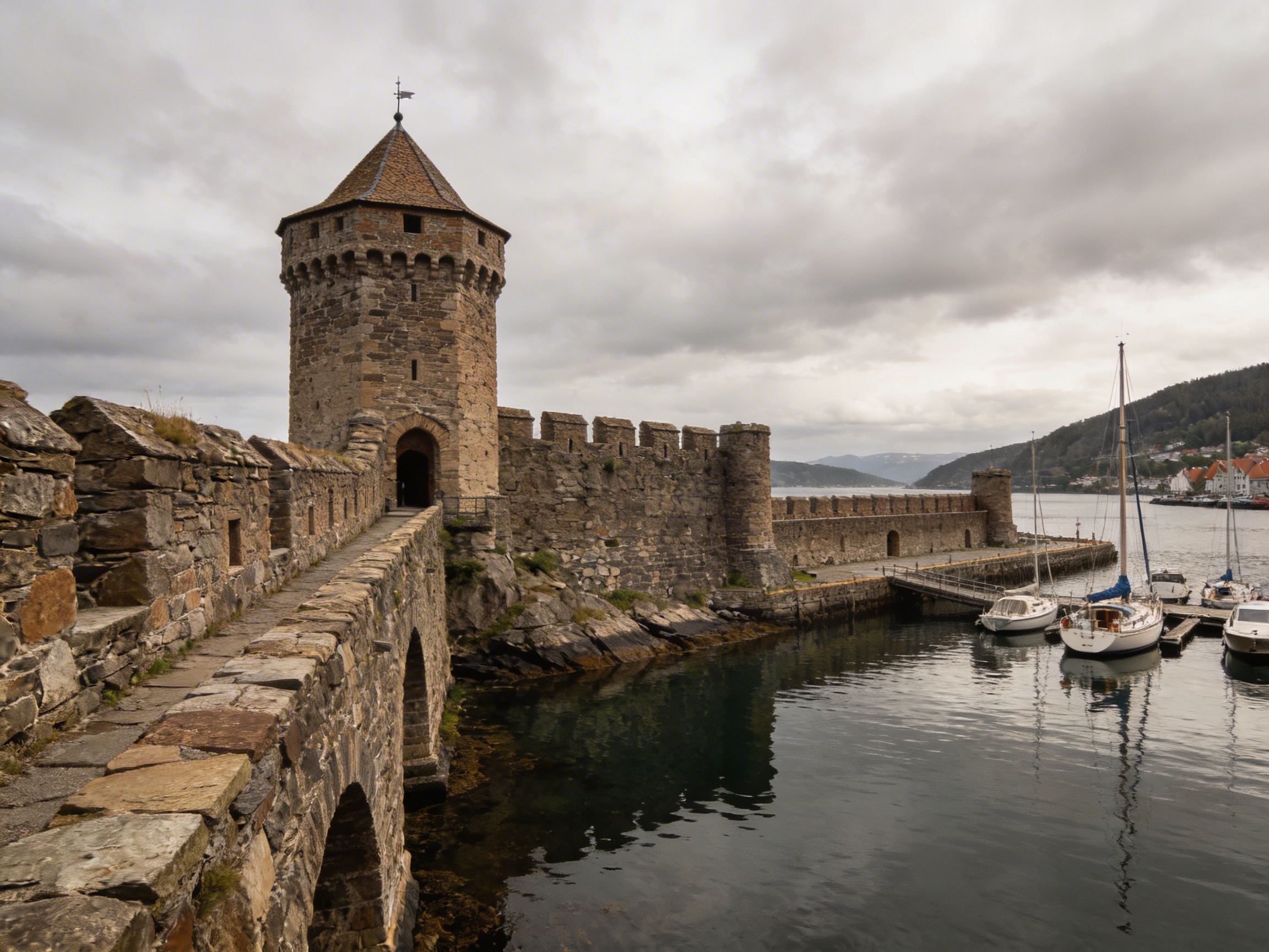 Крепость Бергенхус у воды с каменными стенами и башнями