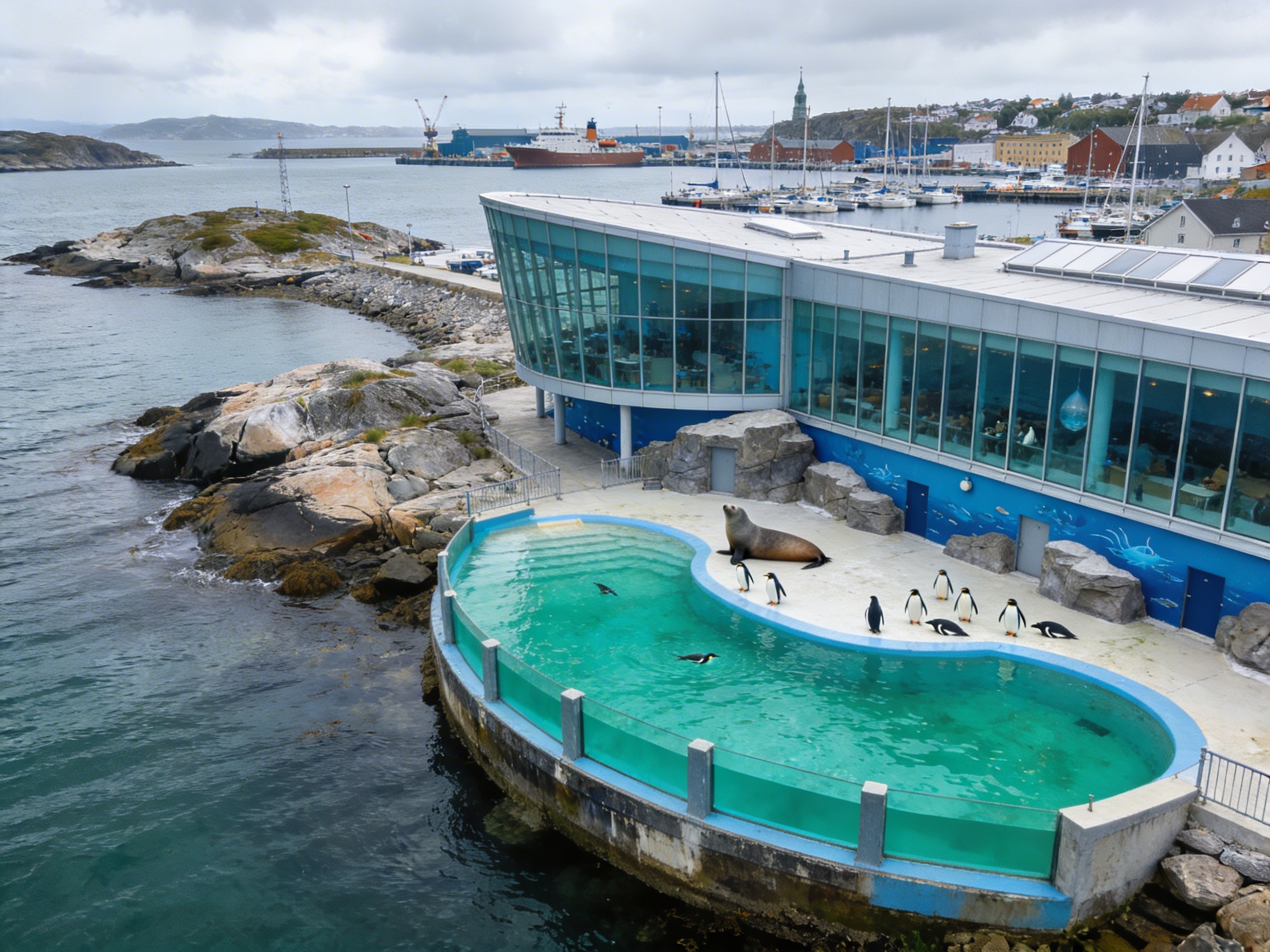 Бергенский аквариум и морские бассейны на берегу без людей