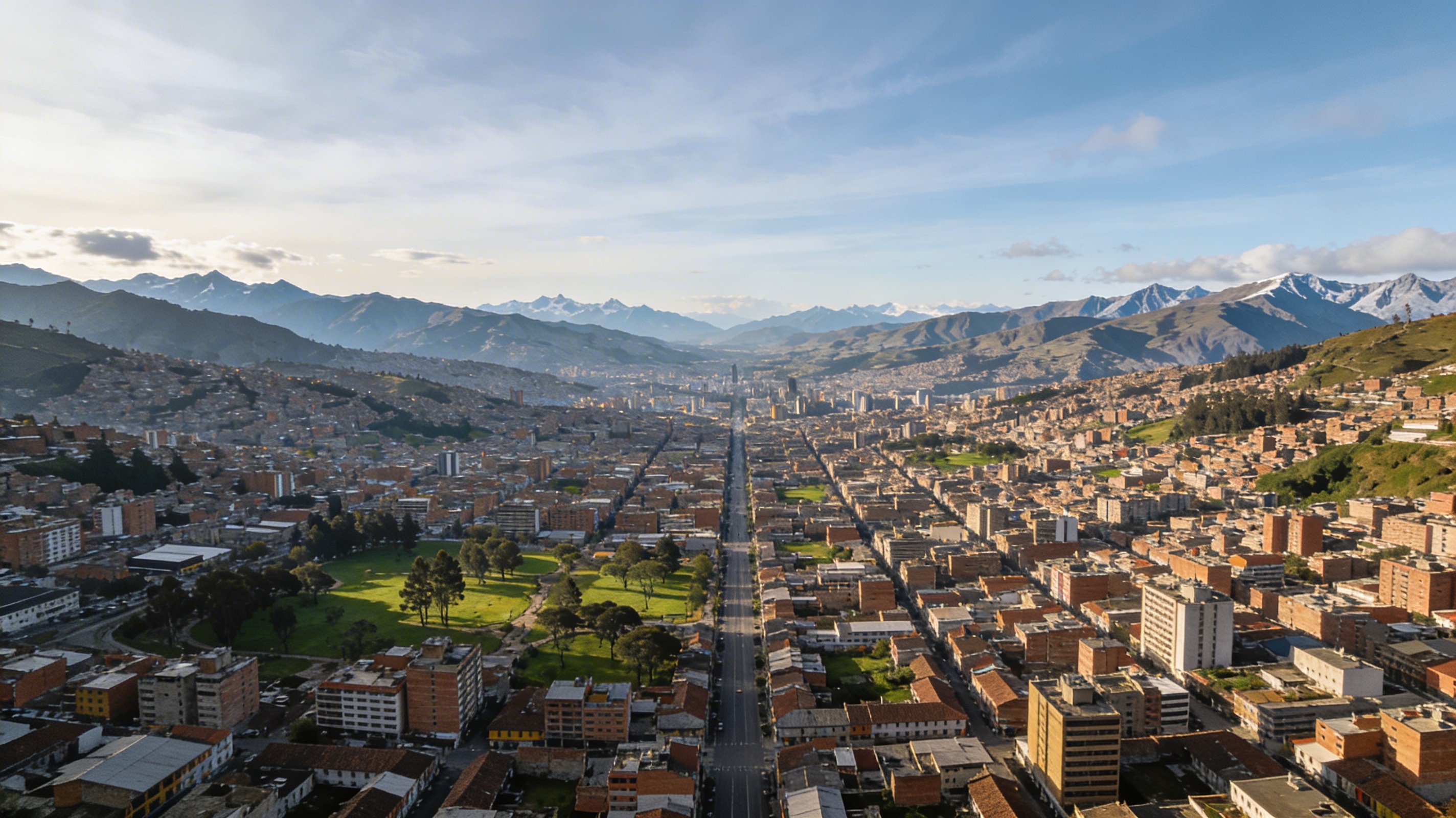 Панорама Боготы с высоты: городские кварталы и Анды на горизонте