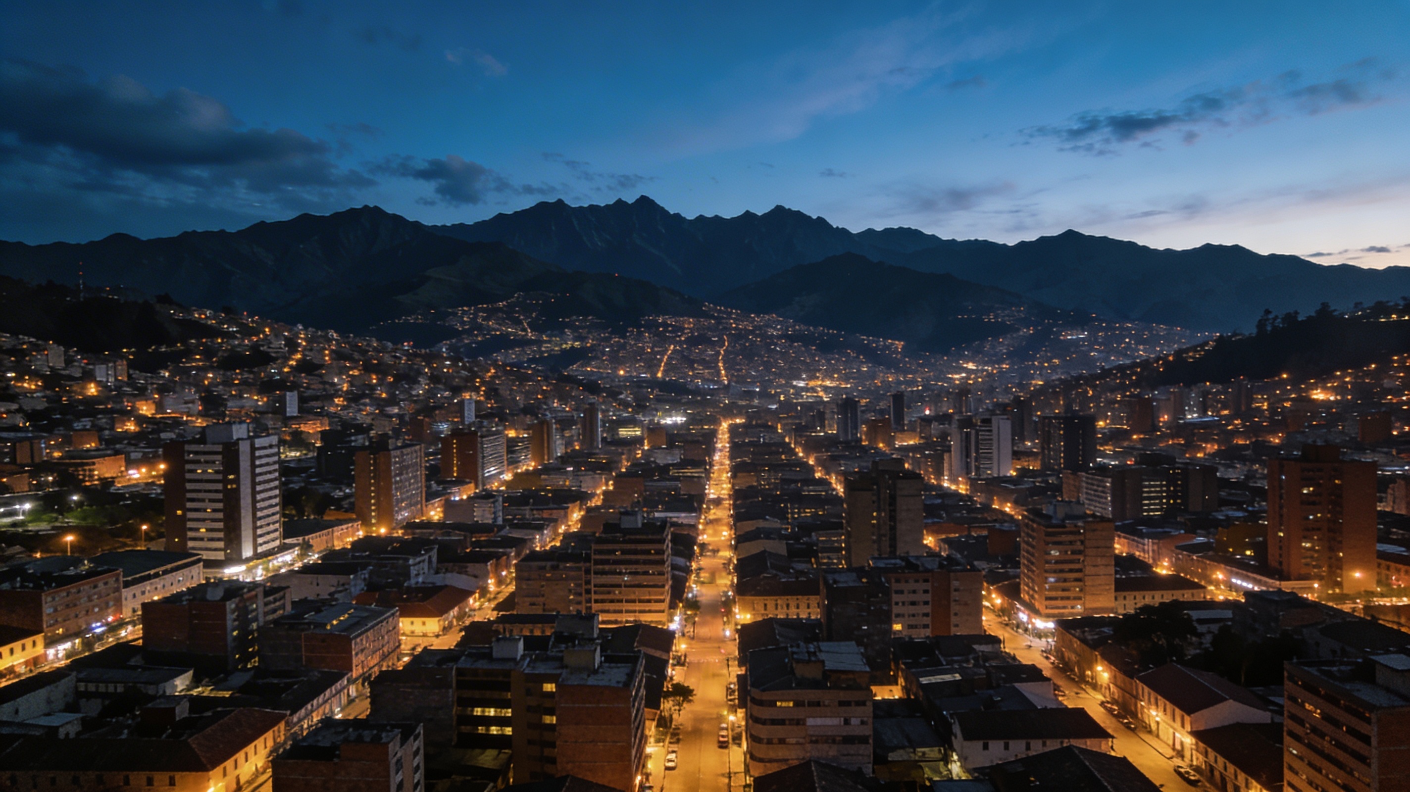 Панорама вечерней Боготы с огнями города и силуэтом Анд