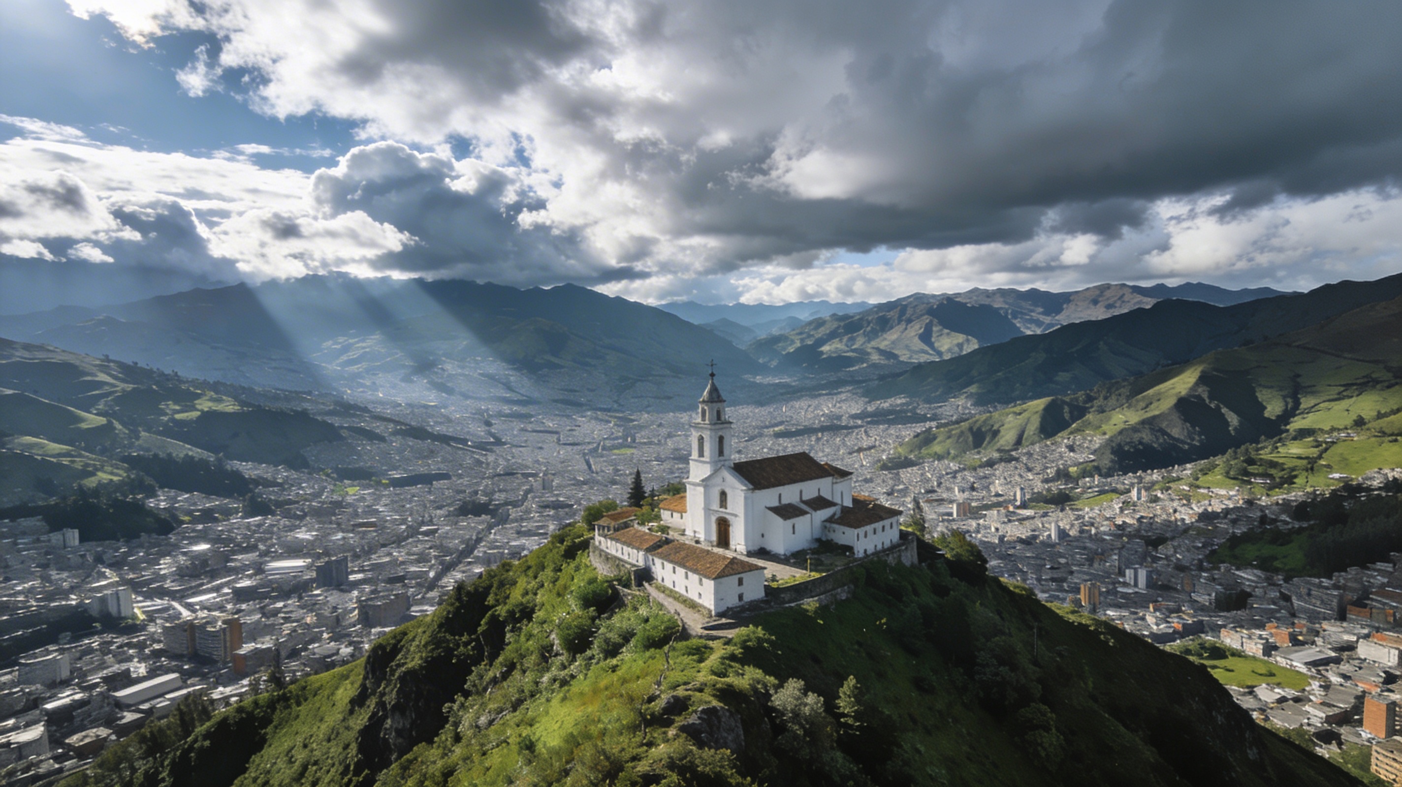 Вид с горы Монсеррат на Боготу и церковь на вершине
