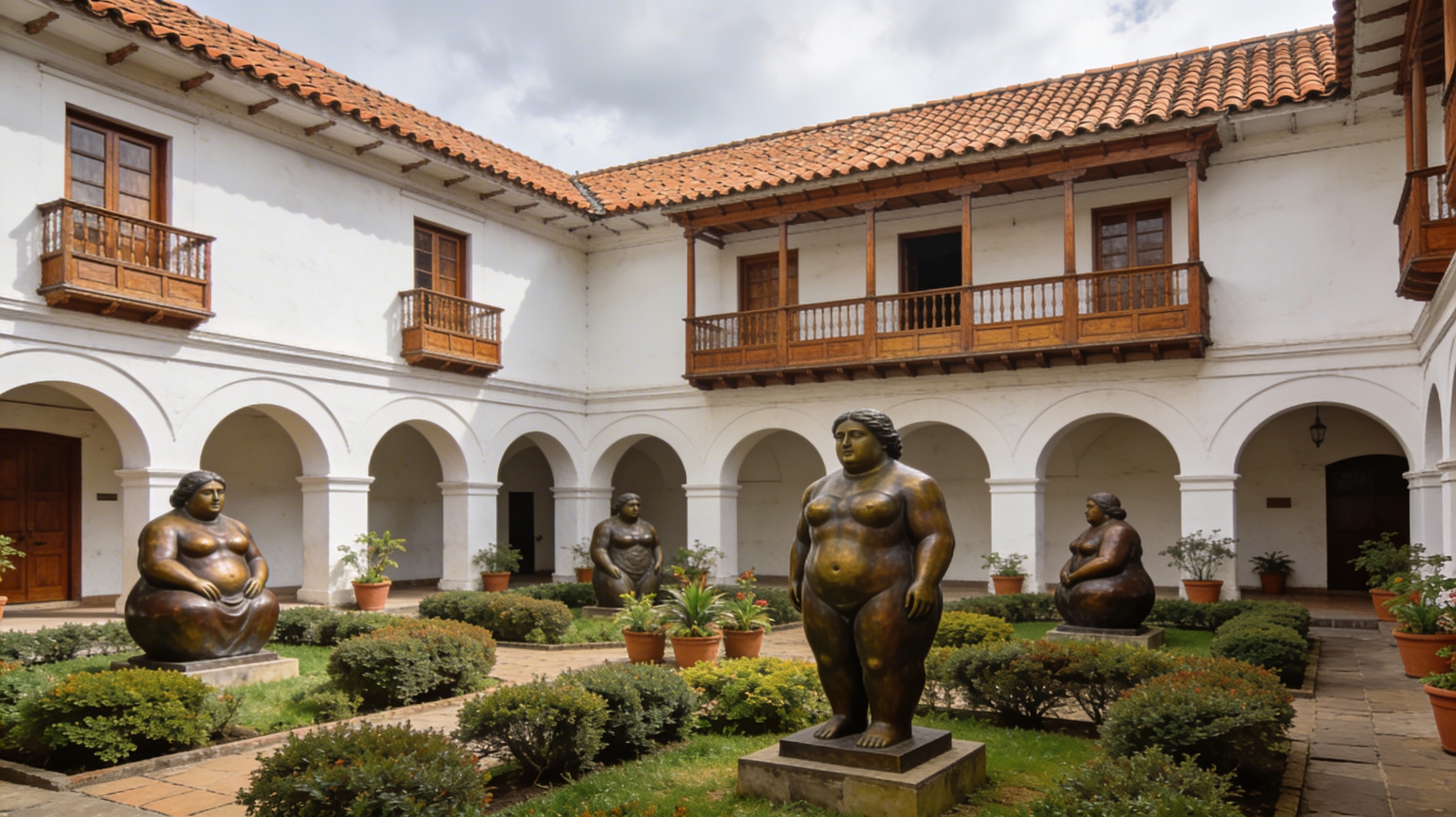 Внутренний двор музея Ботреро с скульптурами и колониальной архитектурой