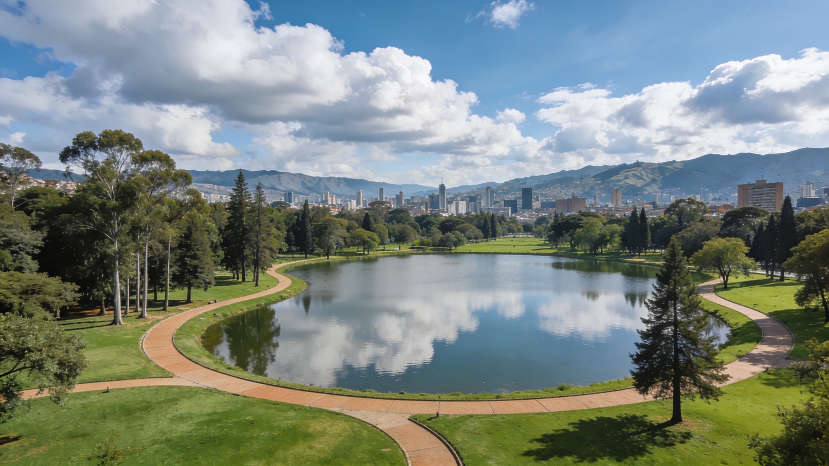 Зелёный парк Симона Боливара в Боготе с озером, дорожками и деревьями