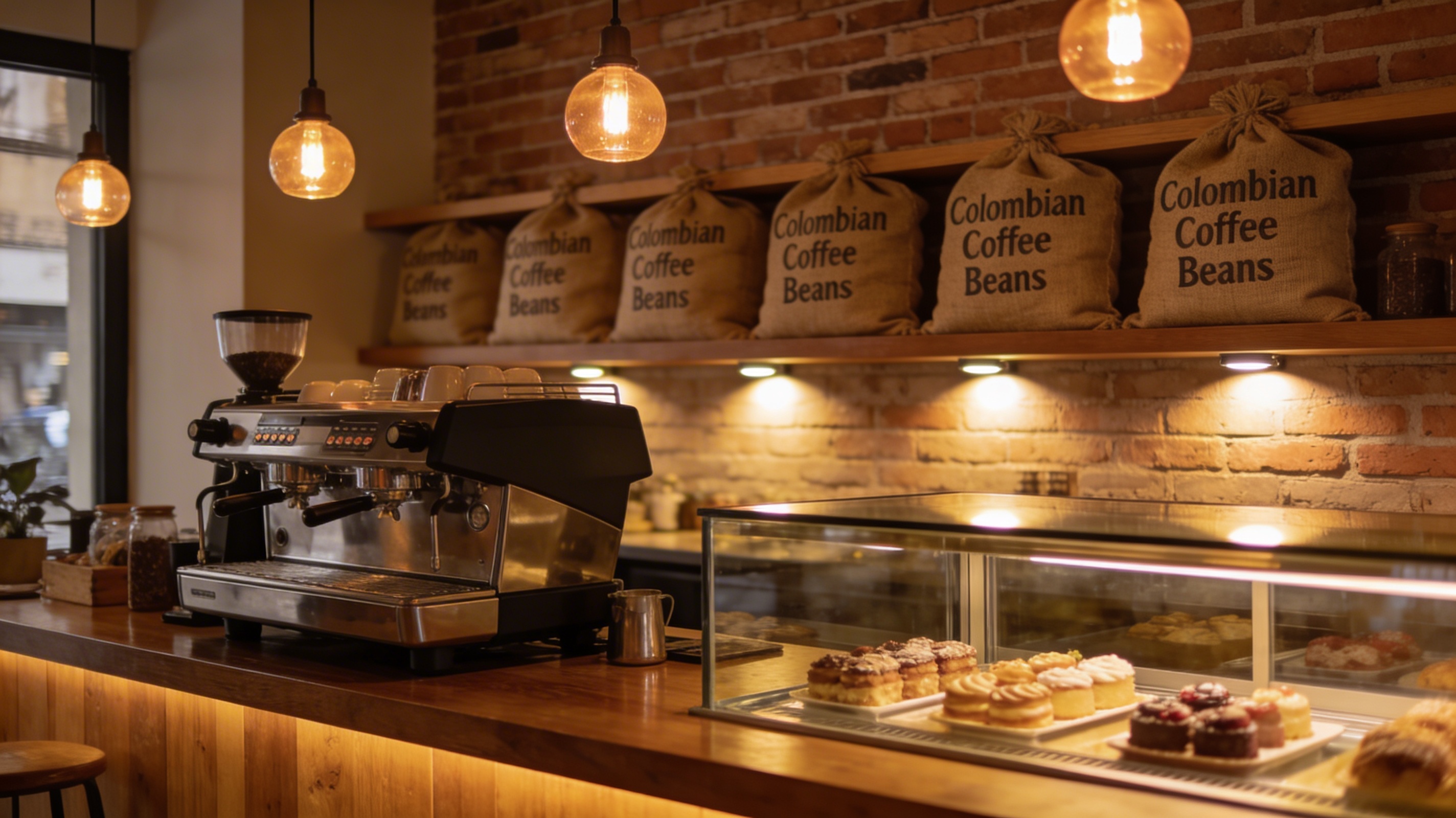 Современная кофейня в Боготе с кофемашиной, зёрнами и десертами на витрине